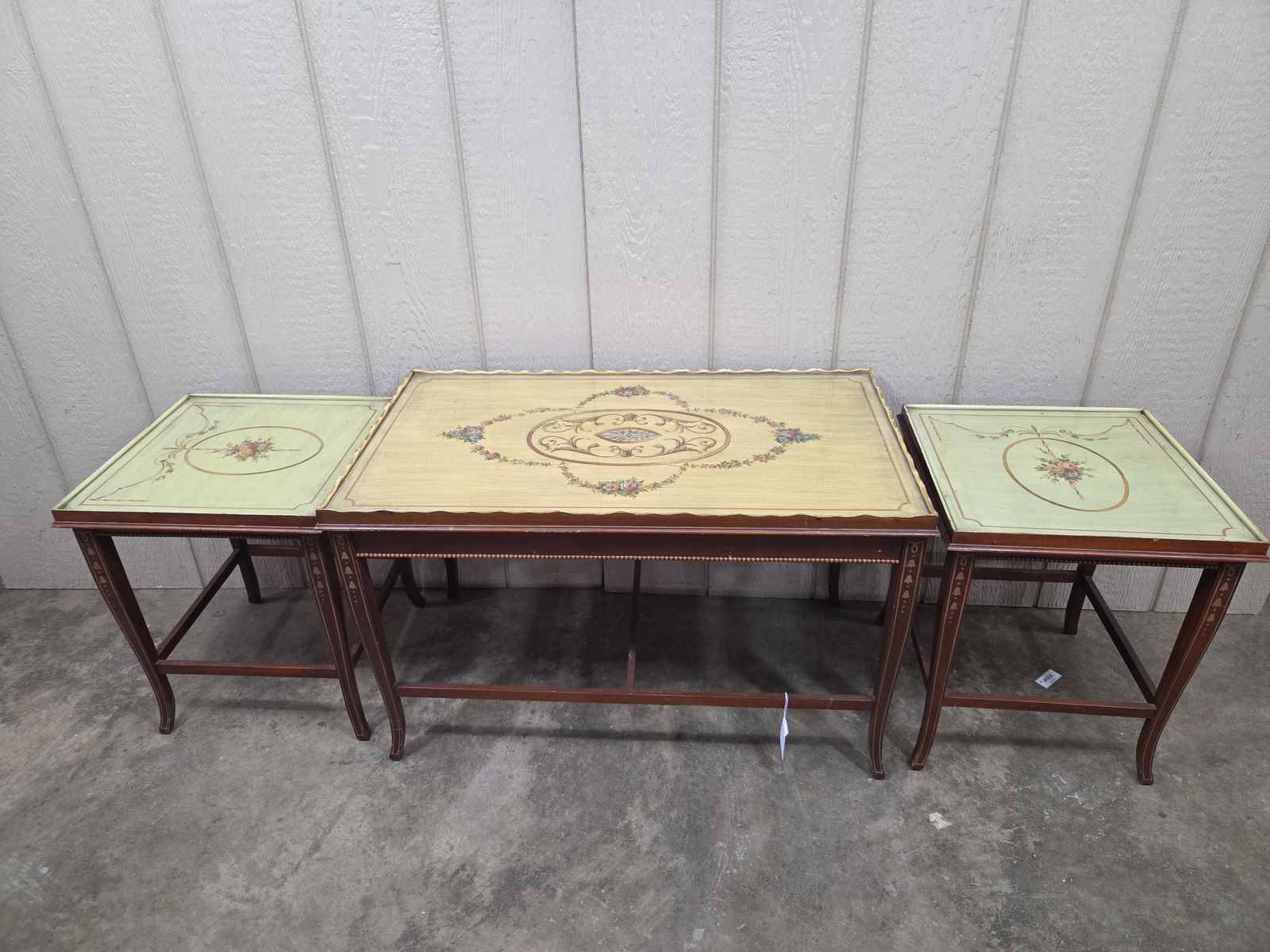 1940's Hand Painted Glass Top Nesting Tables Inc. Coffee Table and 2 End Tables: Great overall condition 30 x 17