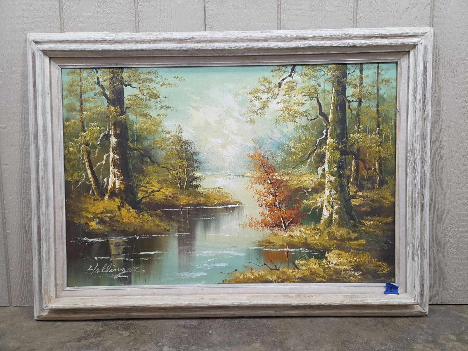 Mid Century Hand Painted Artist Signed Framed Landscape Oil on Canvas by Hollinger: This great framed artist signed O/C is in overall great vintage condition measuring 31 x 43