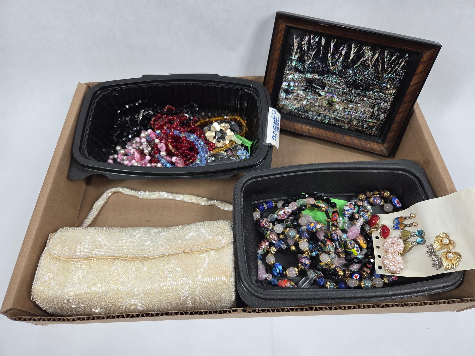 Glass Italian Beaded Jewelry, Etching, and Evening Bag: A nice group of Italian glass beaded necklaces, several earrings, and beaded jewelry.