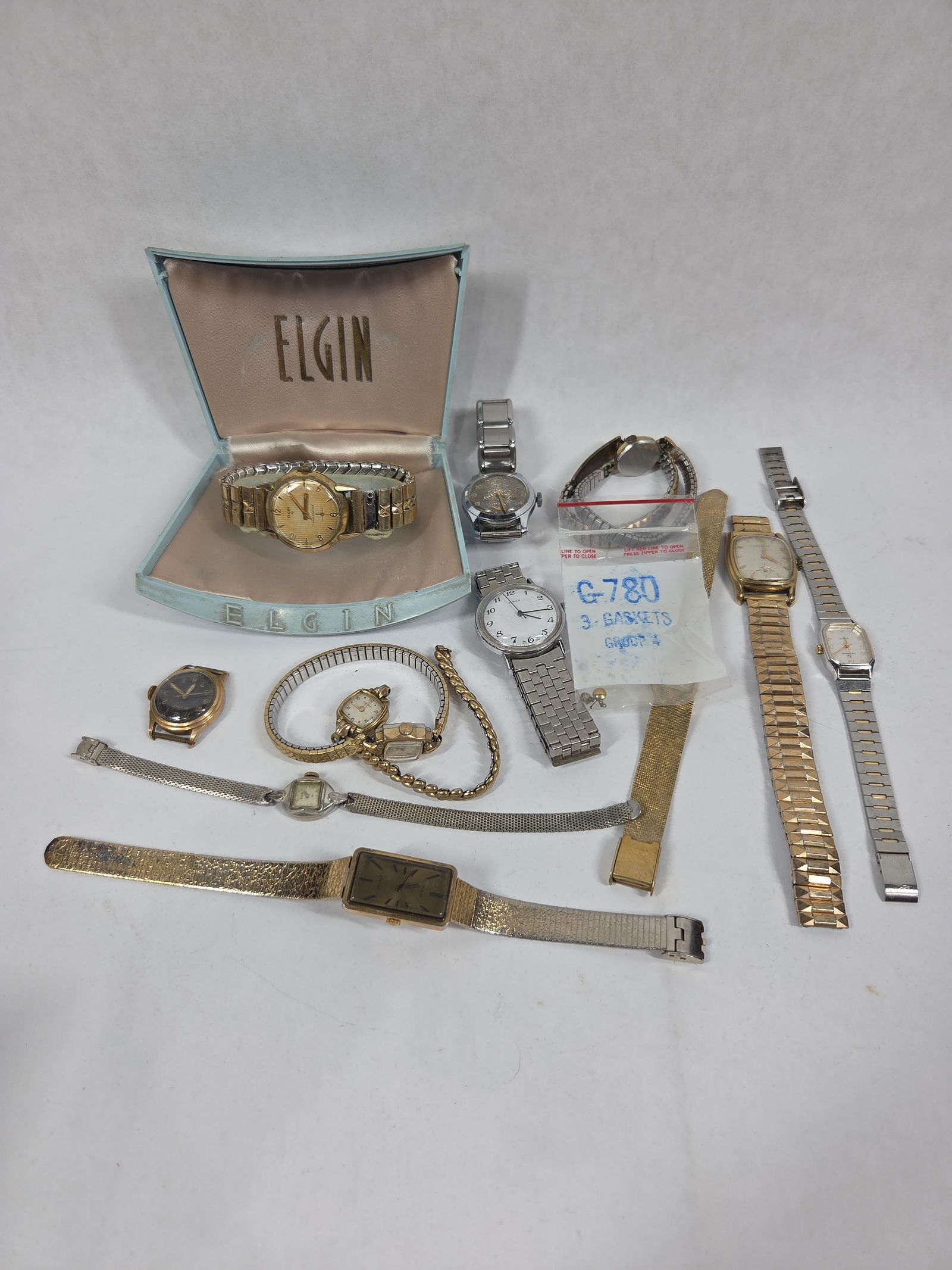 Older Elgin & Name Brand Watches: Timex, Hamilton, Bulova, Timex, Elgin Major, Elgin shock master with original box. Multiple watches include 10K rolled gold bezels.