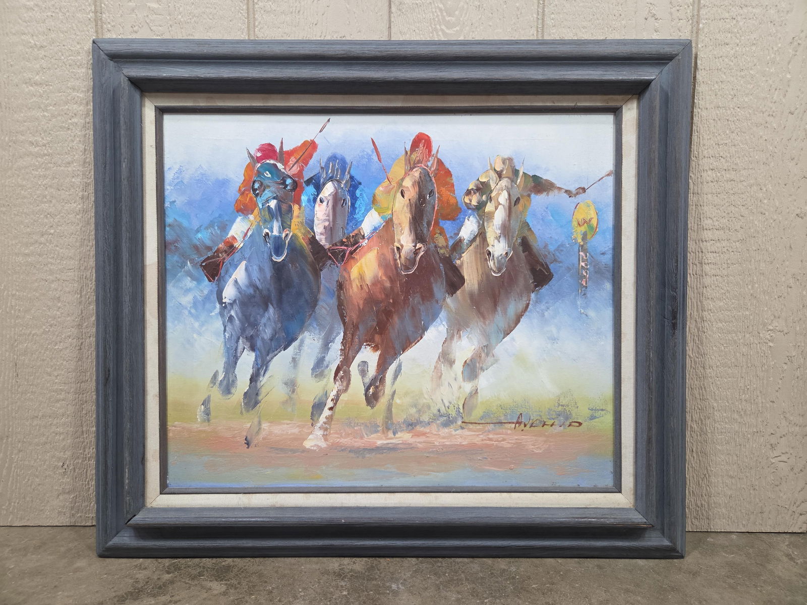 Original Anthony Veccio Hand Painted and Artist Signed Framed Jockey Canvas Painting: Great color and condition in a deep well frame 28 x 32