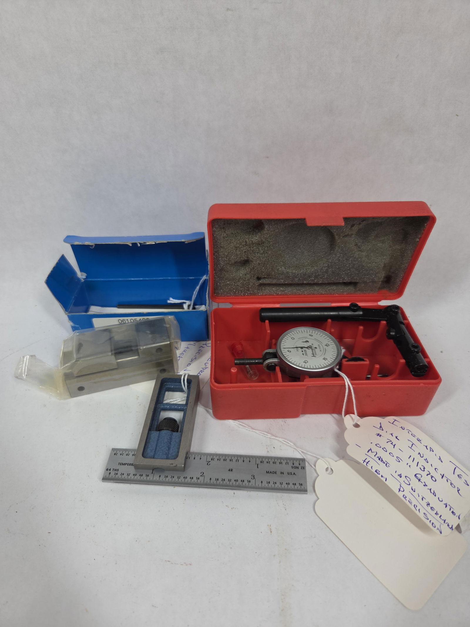 Accupro Tool Makers Vise, PEC Double Square & Interapid Test Dial Indicator Tool: This great tool lot is like new including Accupro 2.6 x 1 Precision tool makers vise is new, PEC Engineering Corp. 4" Double square Made in USA, Interapid Test dial indicator No. 74-111370 .0005