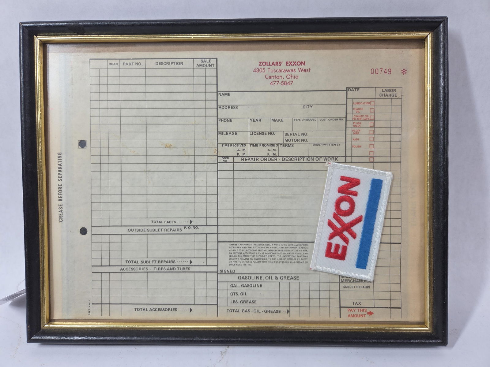 Original Zollars Exxon Canton Ohio Service Order Form and Patch in Frame: Great nos condition to each