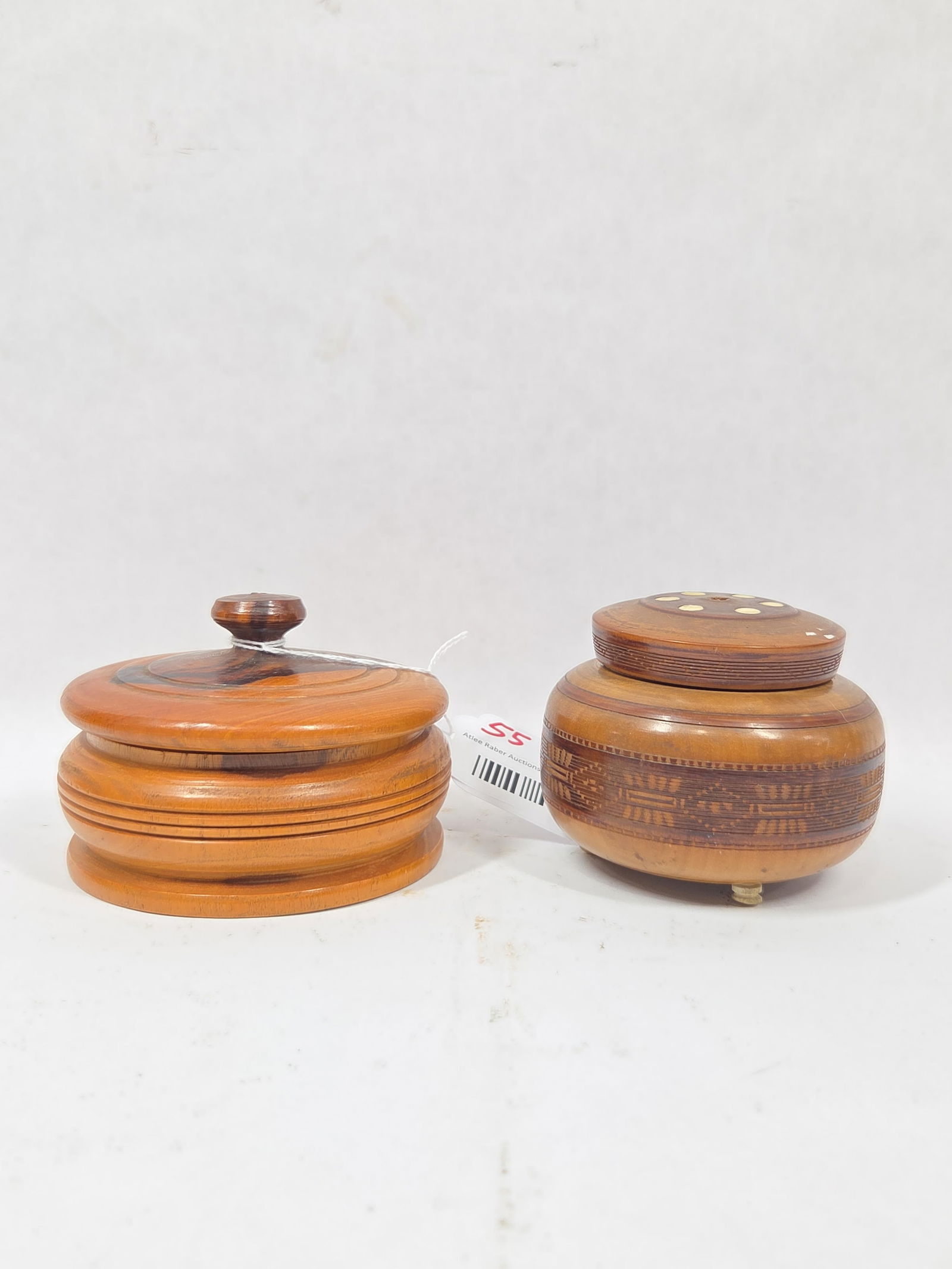 Hand Turned Lidded Shaving Bowl & Lidded Intricate Carved Box w/ Inlay: Great lot of 2 measuring 4.5 and 3.5 in D