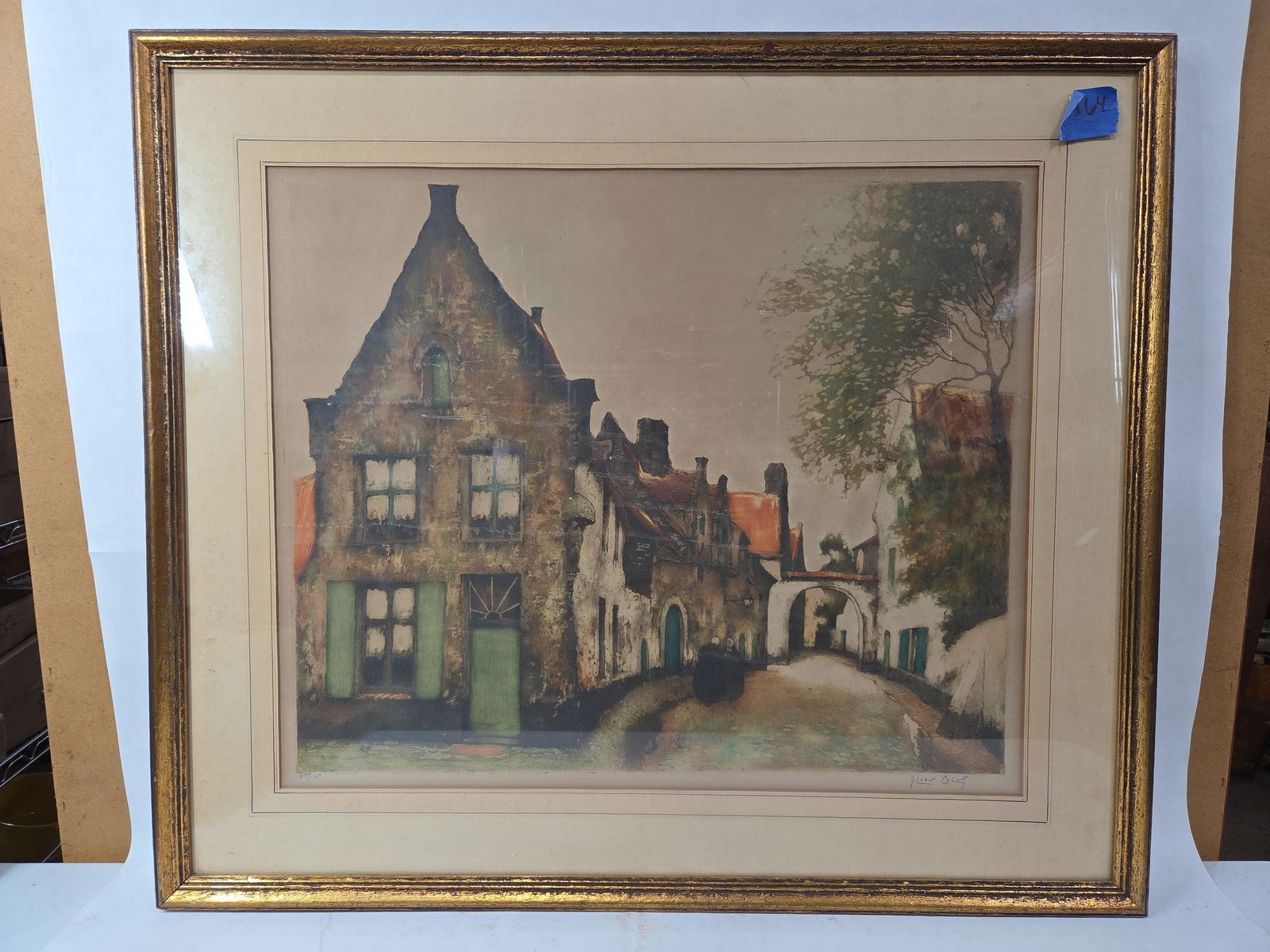 Framed Artist Signed and Numbered Water Color of European Courtyard by Julien Celos: Great early work of art limited edition 170/250? 27 x 31