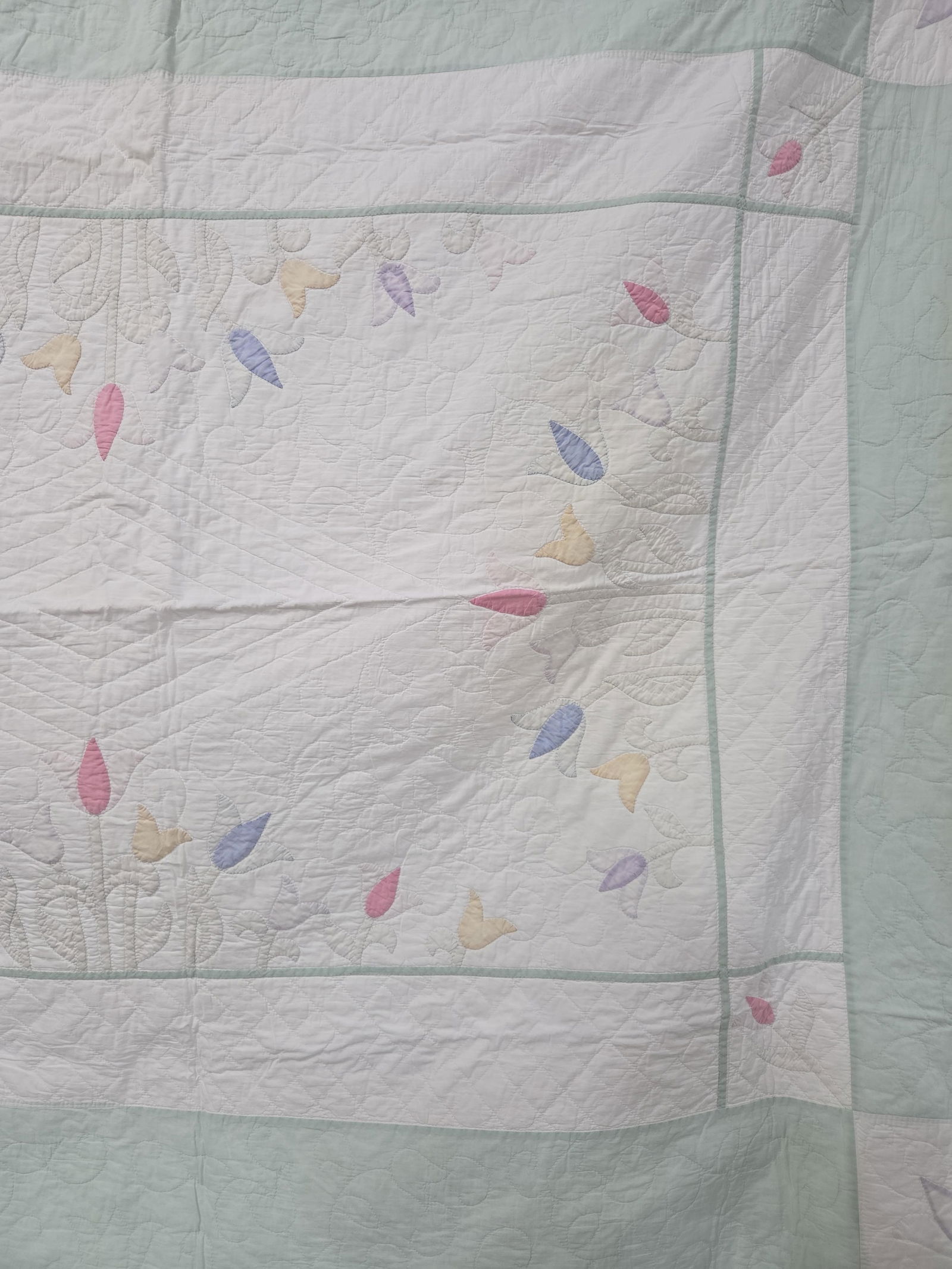 VTG Hand Stitched Featuring a Pastel Palette w/ Embroidered Tulip Appliques: showing fading as well as areas of soiling? 92 x 72