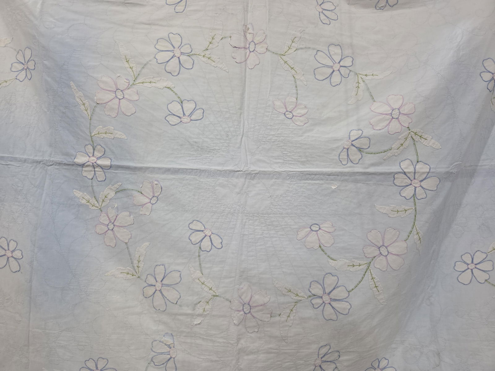Hand Stitched Madeira Embroidered Floral Pattern Quilt: showing areas in need of repair as well as fading? 70 x 90