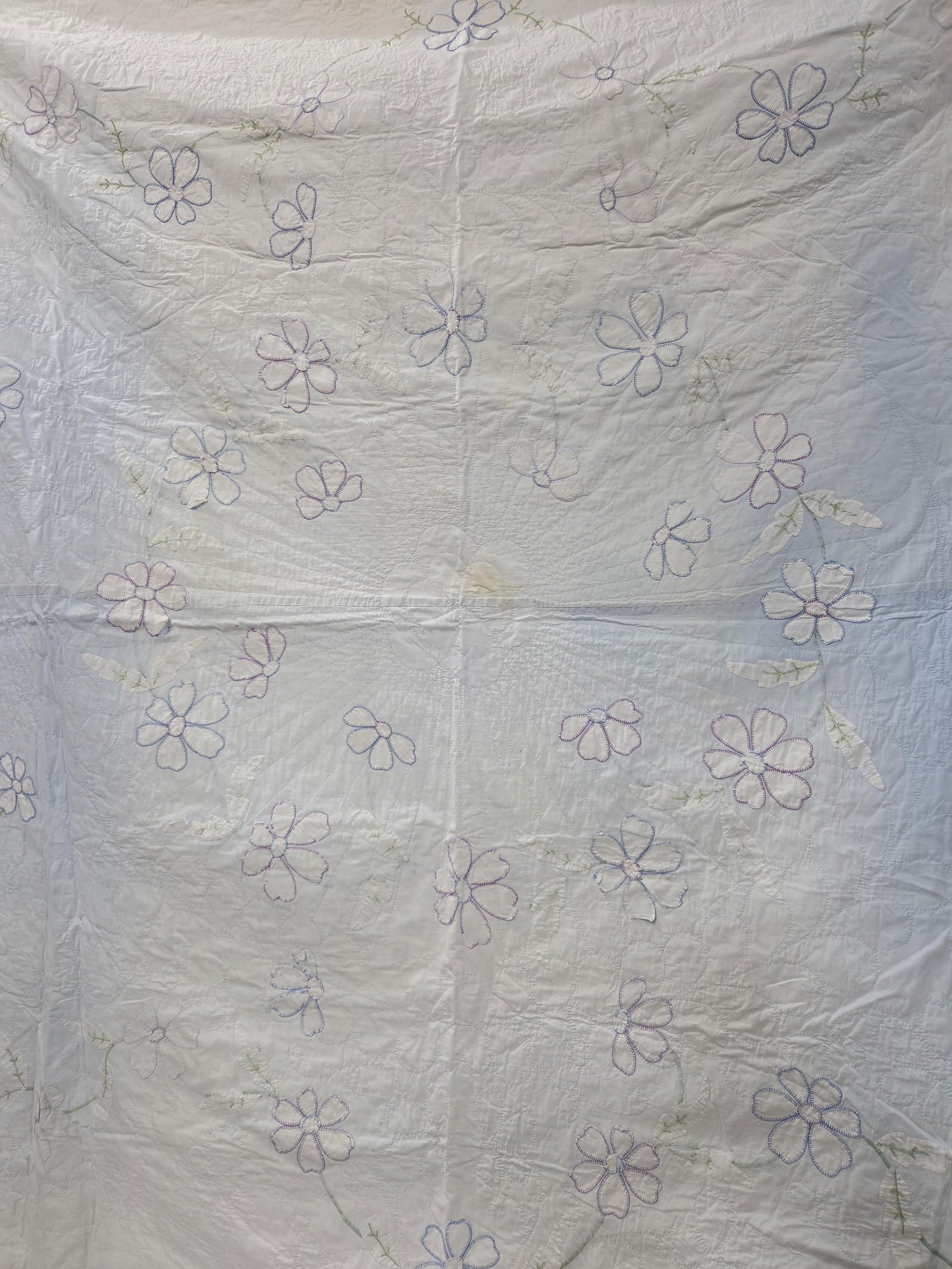 Hand Stitched Madeira Embroidered Floral Pattern Quilt: showing areas of fading as well as minor areas of soiling? 92 x 76