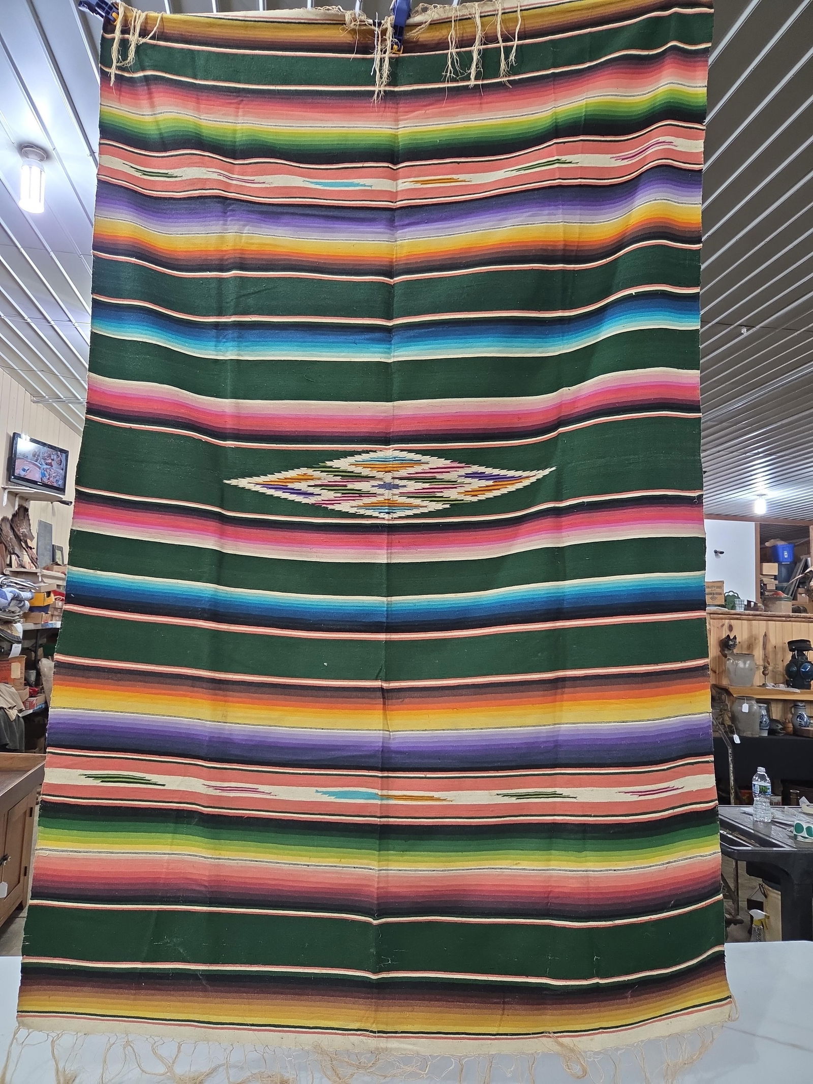 Vintage Hand Woven Mexican Saltillo Serape Blanket: Great vibrant coloring with very minor areas of wear? 52 x 80