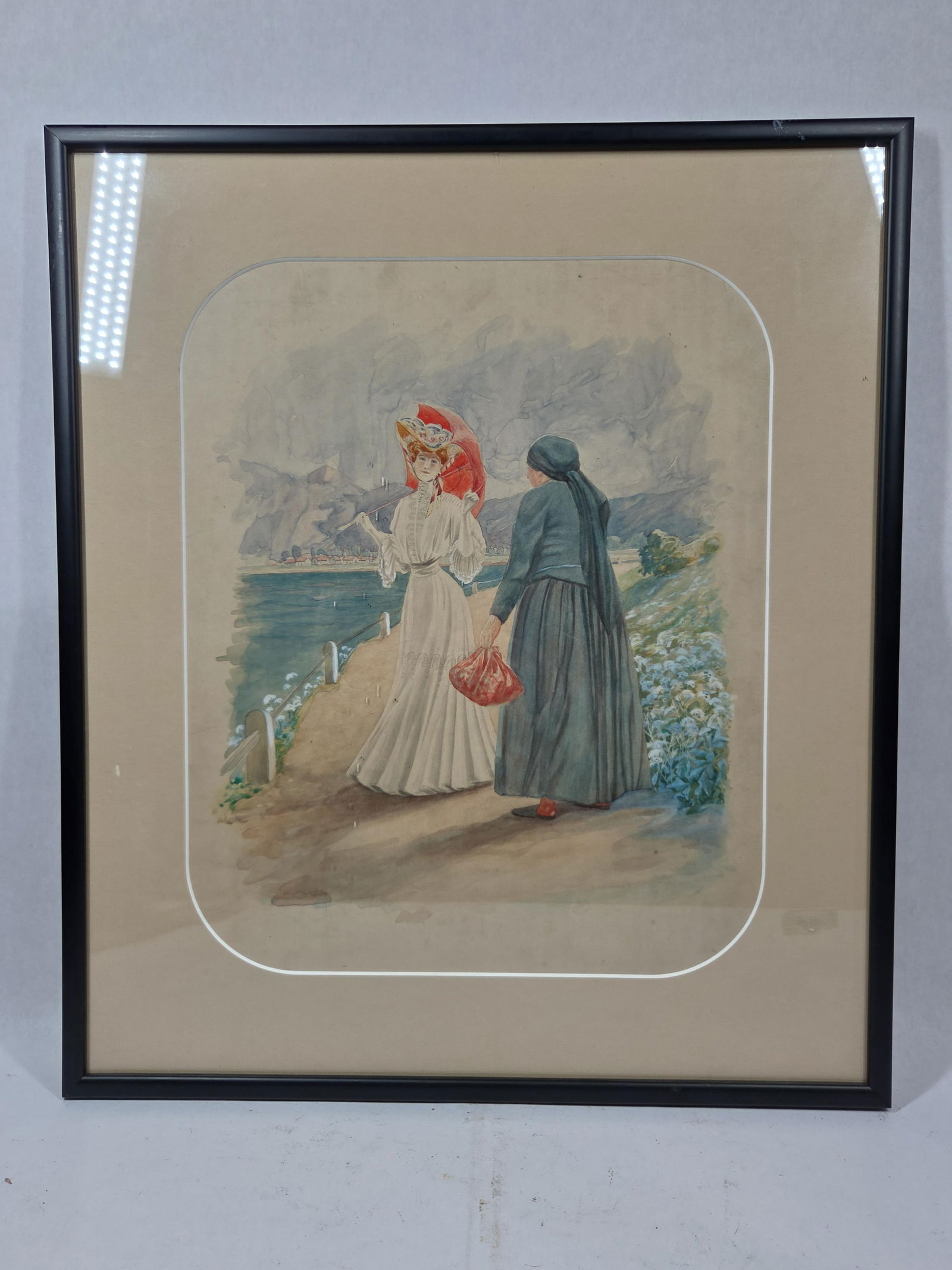 Original Framed and Matted Water Color of European Woman in Algeria: great preservation with wonderful color and display? 19 x 21.5