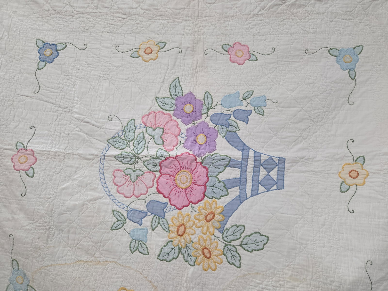 Hand Stitched Flower Basket and Floral Vined Applique Quilt: Great overall condition showing minor areas of soiling as well as wear? 80 x 84