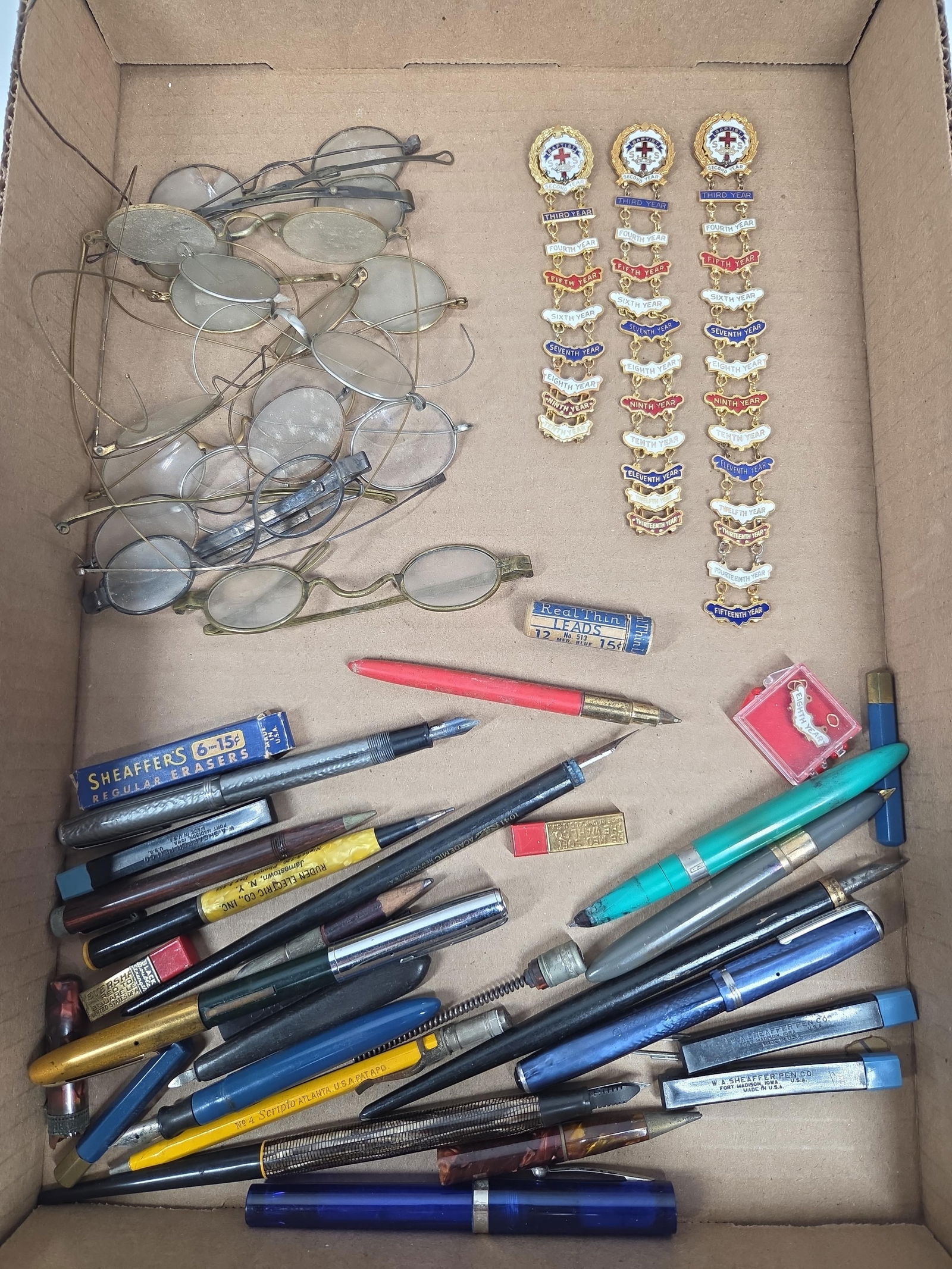 Cross and Crown Little System Enamel Service Pins, Wire Rimmed Glasses, Calligraphy Pens & More: This great assorted collectible lot includes 3 service pins, many wire rim glasses, calligraphy pens and more as shown in photos