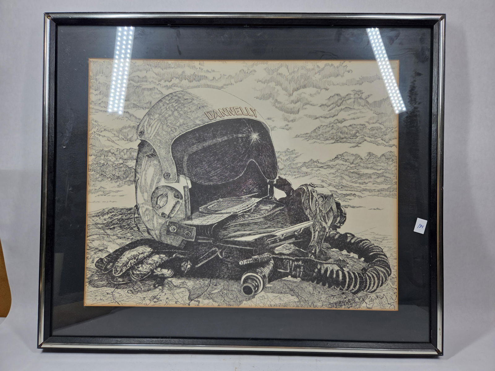 1975 Artist Signed Donnelly Framed Flight Helmet and O2 Mask Hand Sketched Drawing: Great depiction of flight accessories? 25 x 21