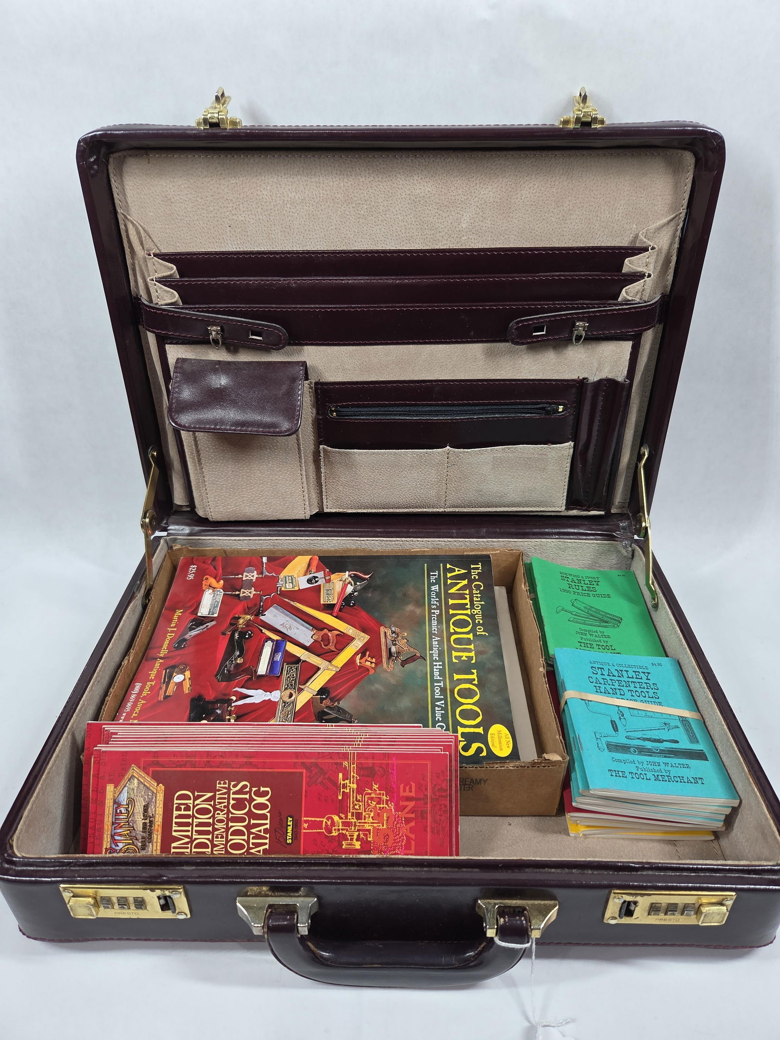 Leather Hard Side Locking Brief Case w/ Fine Tool Journals, Winchester, Stanley and More Tool Pamphl: tool pamphlet lot included in briefcase