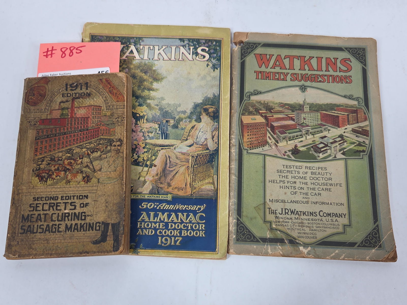 1911 Meat Curing & Sausage Making -1868 / 1917 JR Watkins Timely Suggestions and Home Doctor Cook Bo: This great early ephemera lot includes the 1911 Second edition secrets of meat curing and sausage making showing soiling but fully intact along with Watkins Timely suggestions from 1868 in overall goo