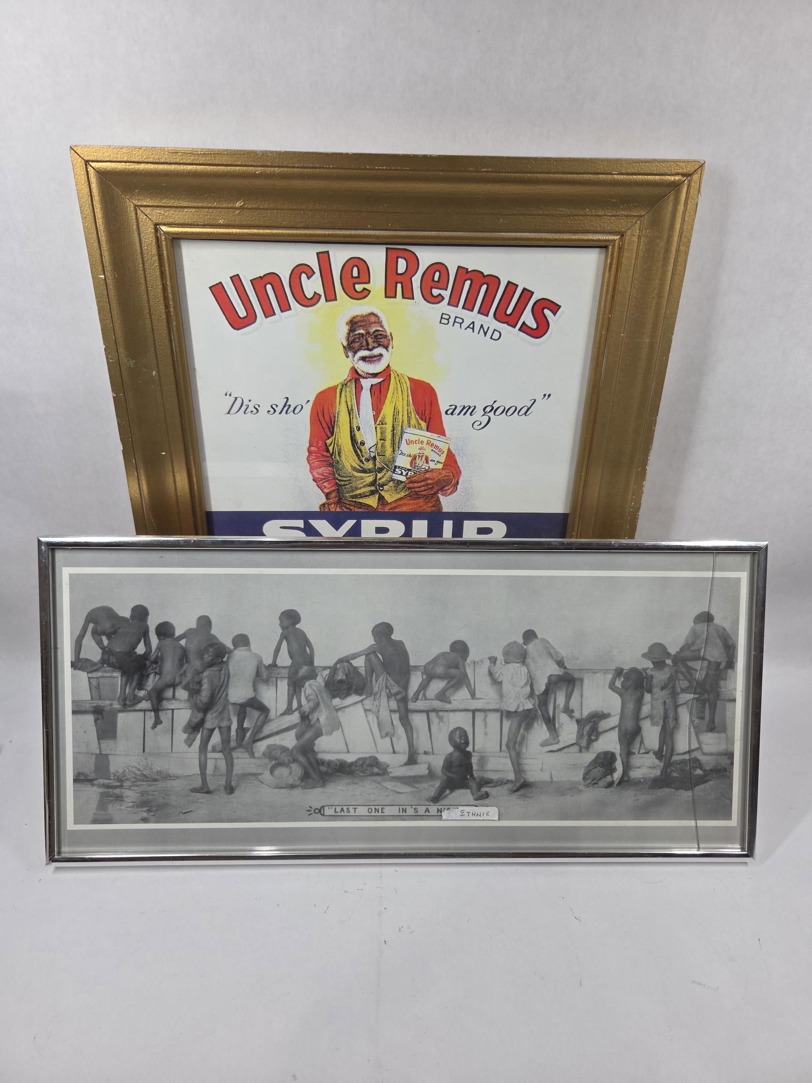 VTG Framed Litho Lot Inc. Uncle Remus Syrup and Last One in is a...... Ethnic Framed Print: Great collectible lot each measuring 15 x 17 and 10.5 x 22.5 showing crack to glass front of black and white print