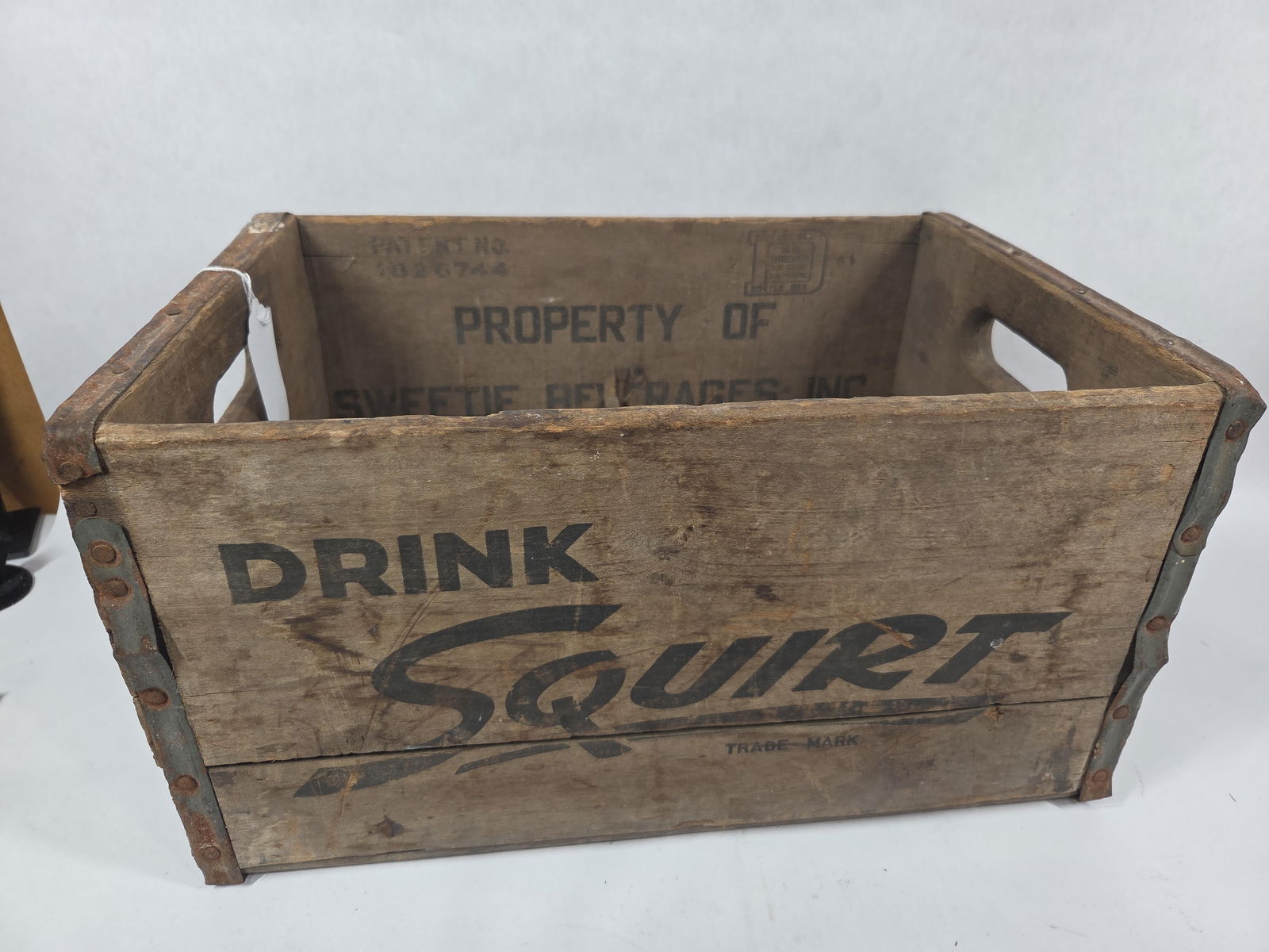 Sweetie Beverages Squirt Comparted Wood Soda Crate w/ Open Handles and Iron Banding: Great graphics and overall condition? 16..25 x 11 x 9