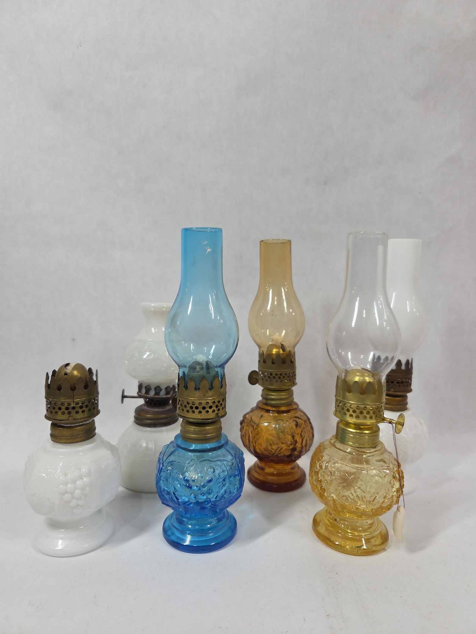 Imperial , Fenton, Milk Glass Miniature Oil Lamp Lights Lot of 6: One milk glass lantern is missing chimney