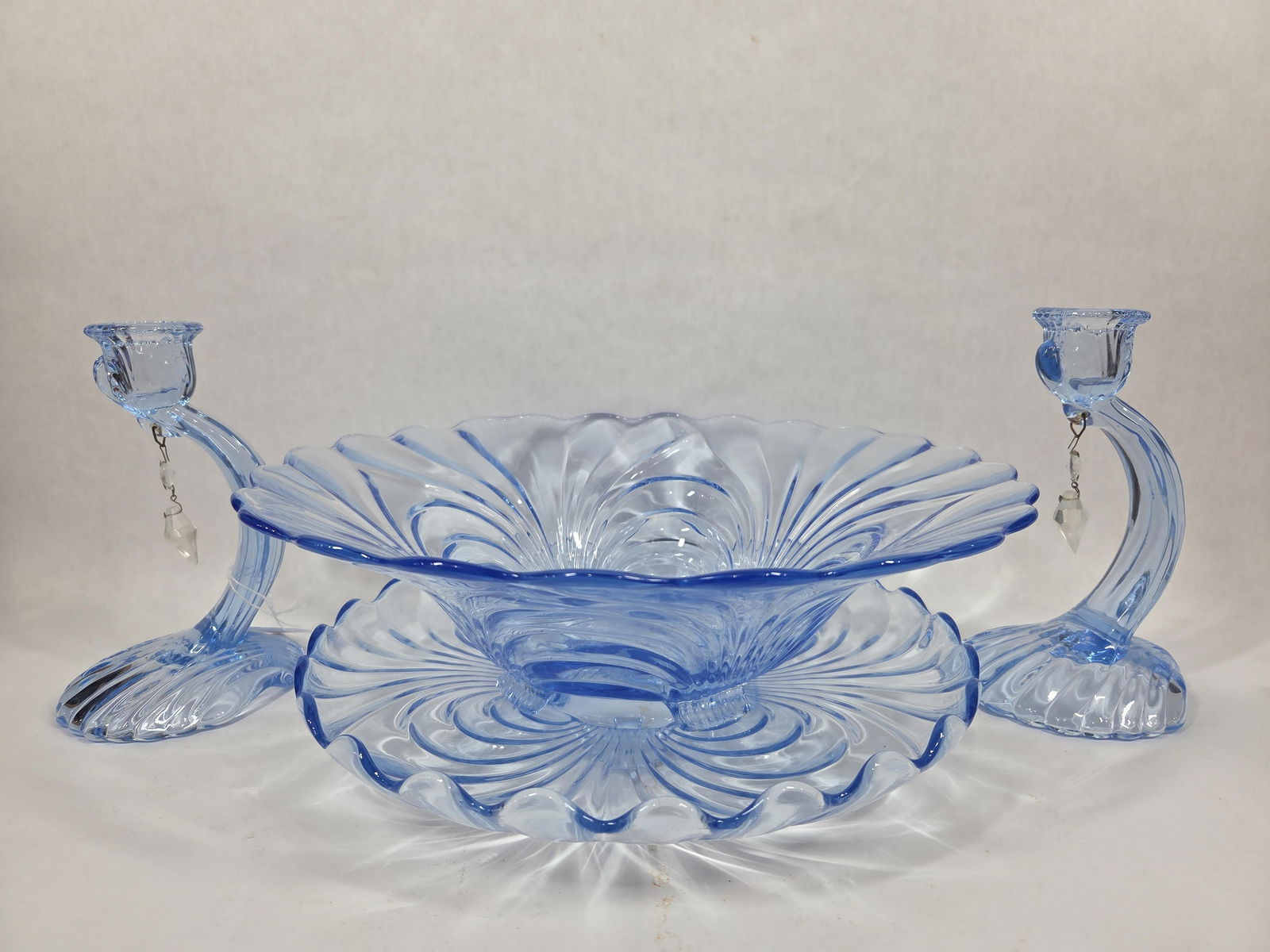 Cambridge Caprice Moonlight Blue Glass: Including a footed bowl, scalloped edge plate and candle sticks. All are in very nice condition. Bowl is 12.5 inches in diameter.