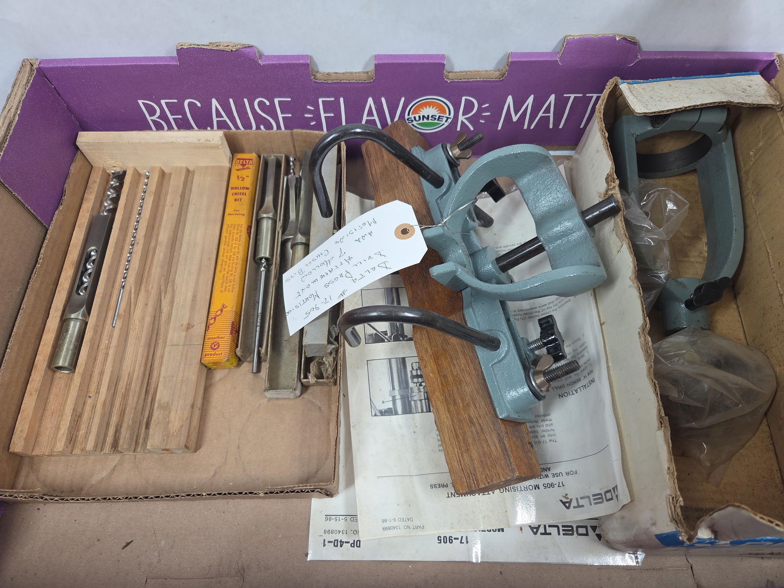 Delta No. 17-905 Drill Press Mortising Attachment & 7 Hollow Mortising Chisel Bits and More: This great early tool lot includes many accessories as shown in photos