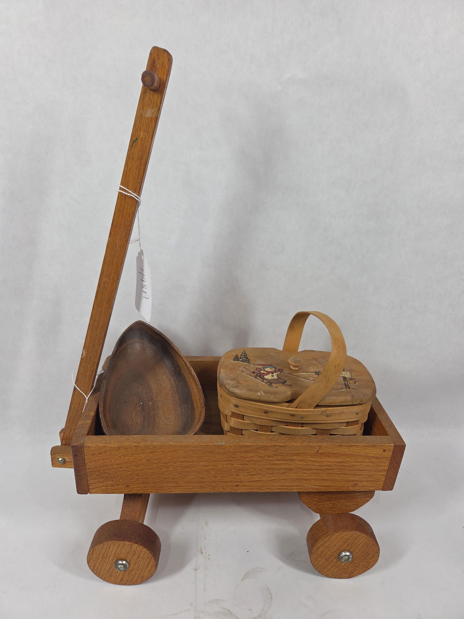 Hand Crafted Wood Miniature Wagon, Royce Craft Signed Basket and Lobeco Monkey Pod Bowl: great overall condition with wagon being 15 in L? Monkey Pod Bowl 4.5 x 6.5? and Royce Craft signed lidded holiday basket with liner 6.75 W