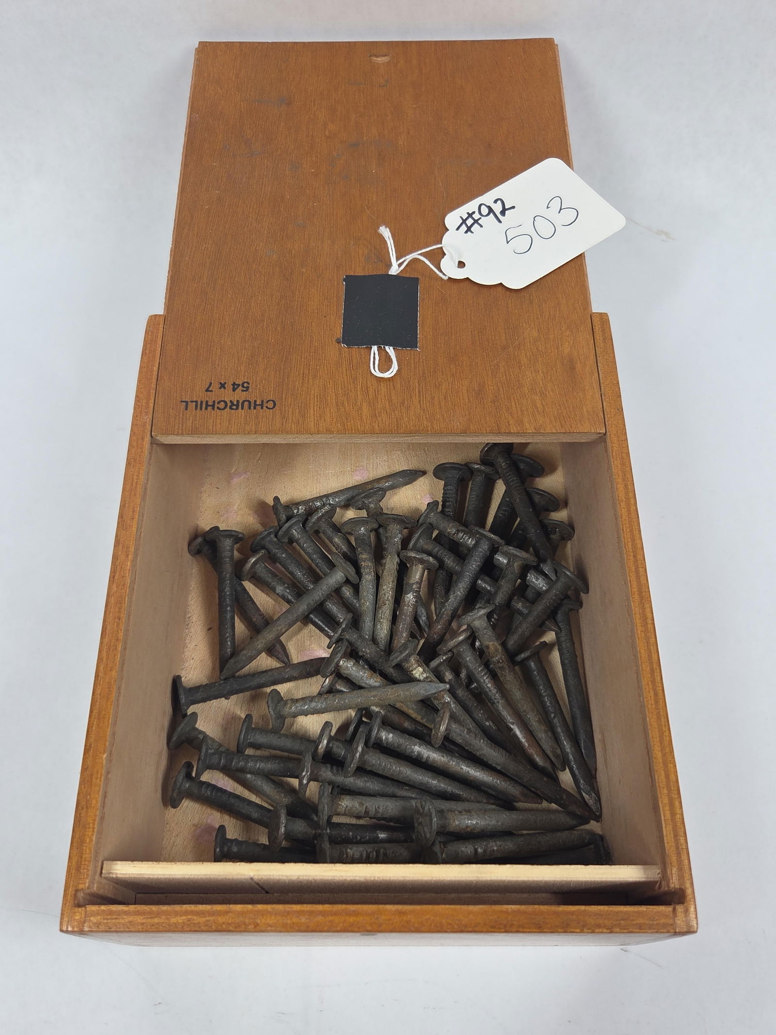 Rail Road RR Tie Date Nails Lot of 50 in a Churchill Slide Top Wood Box: Great railroad lot of nails dated to indicate what year track was laid