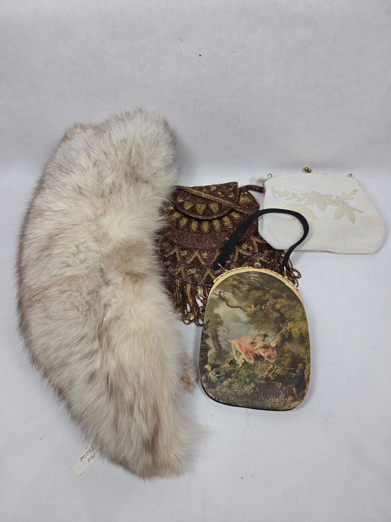 French Hand Beaded Evening Bags and Fur Stoles / Collars: Great vintage evening wear lot of 3 various clutch/ hand bags and 2 stoles all in overall great condition