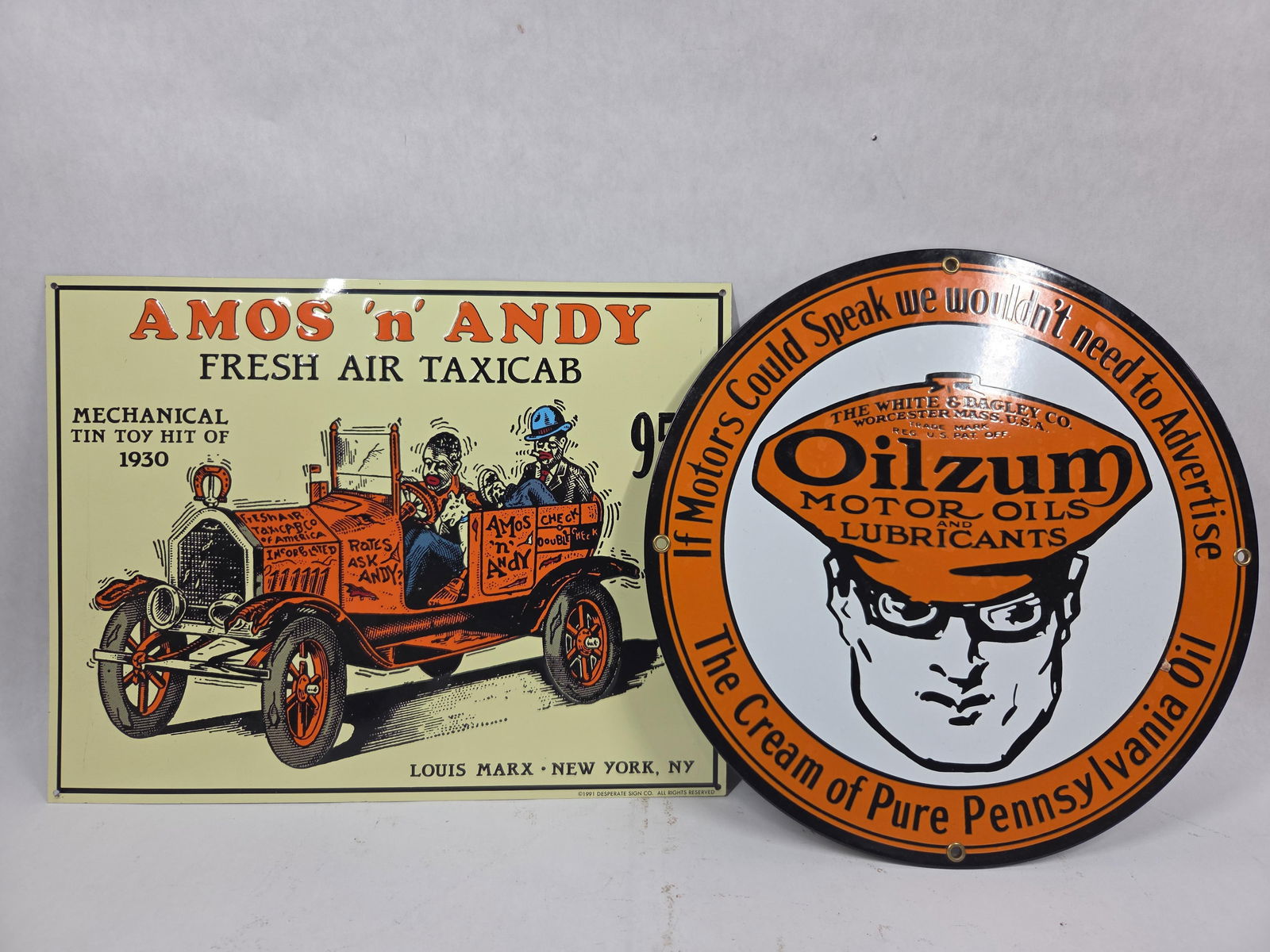 Vintage Reproductions of SSP Oilzum Oil and SST Louis Marx Amos & Andy Embossed Signs: This great 1990's repro sign lot would make a great addition to any sign collection? amos and andy?10 x 13 Oilzum?11.25 D?