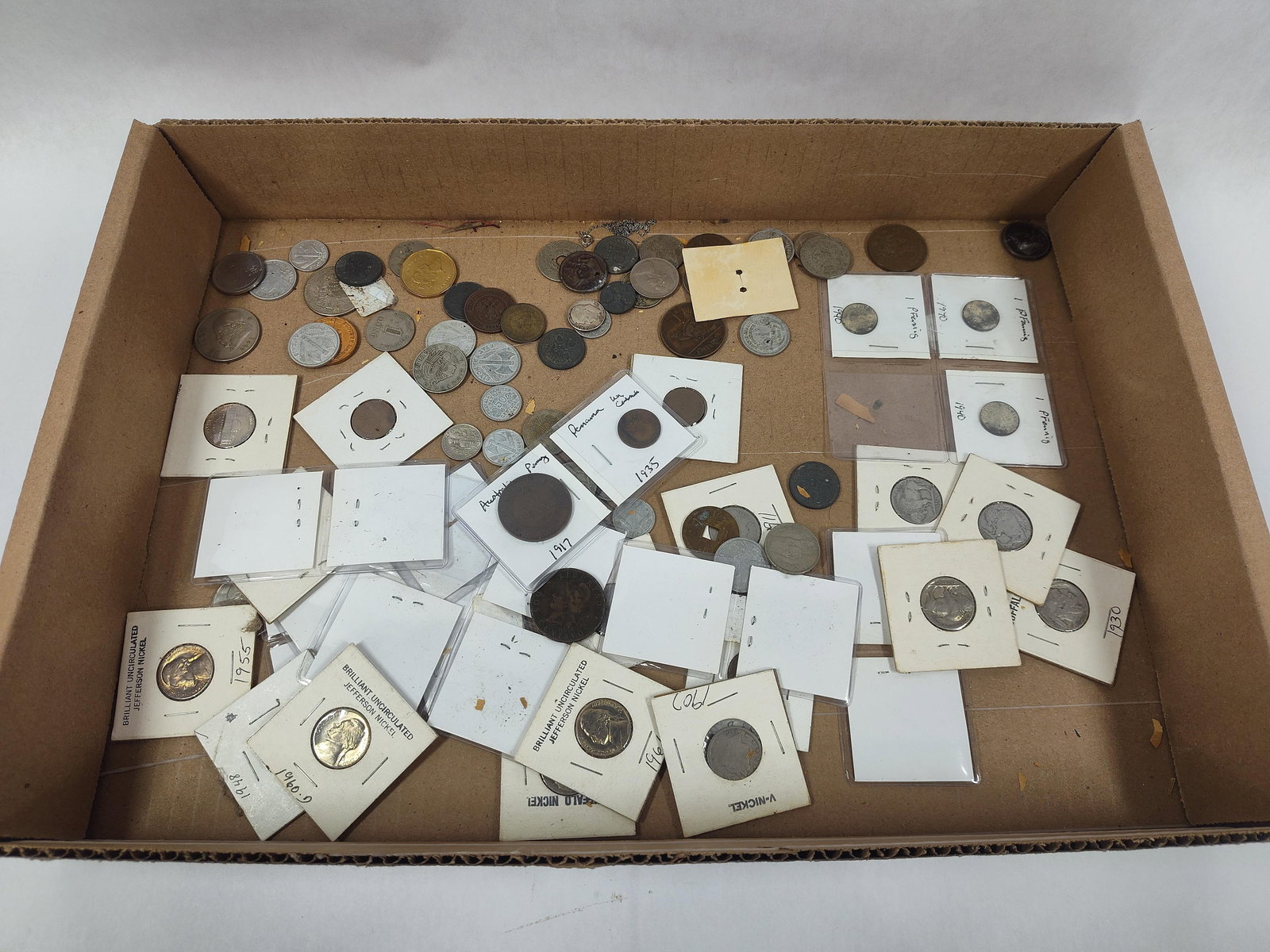 Misc. Foreign, US, and Silver Coins: Several pre 1964 Jefferson nickels, V nickels, Buffalo Heads, and more.