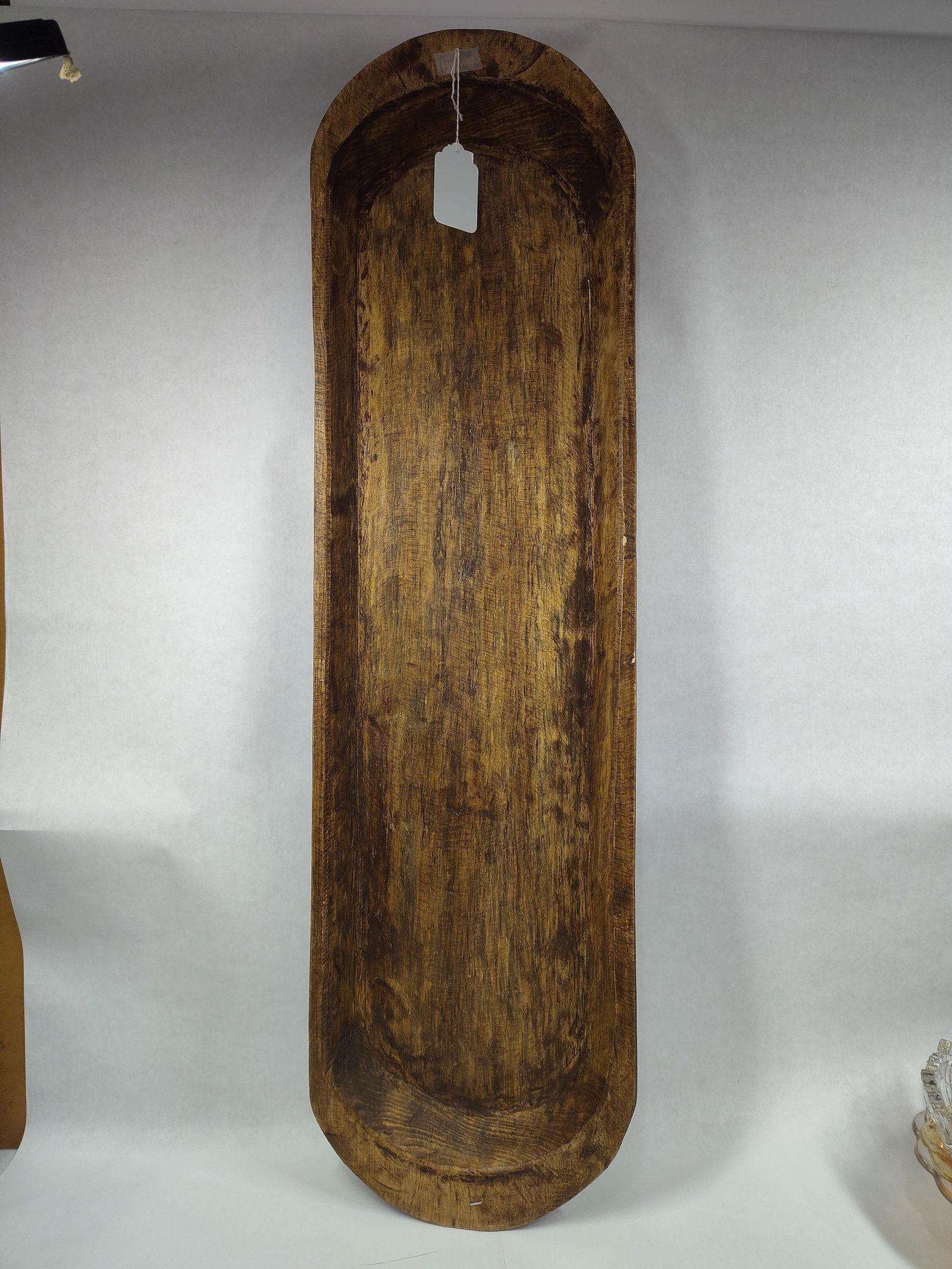 Large Wooden Dough Trencher Bowl: 39.5 inches x 10.5. This bowl has a slight twist to it, it does not sit flat.