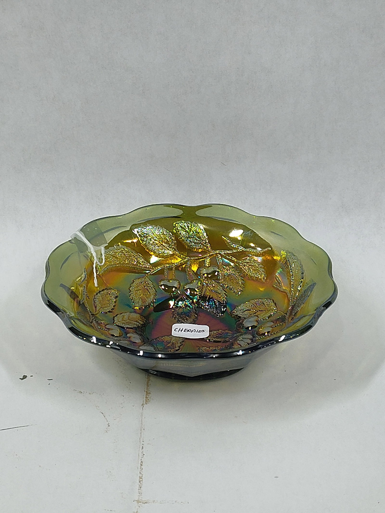 Green Cherries Millersburg Glass Nut Bowl: Cherry images to interior of bowl. 5.5x1.5 No chips or cracks.