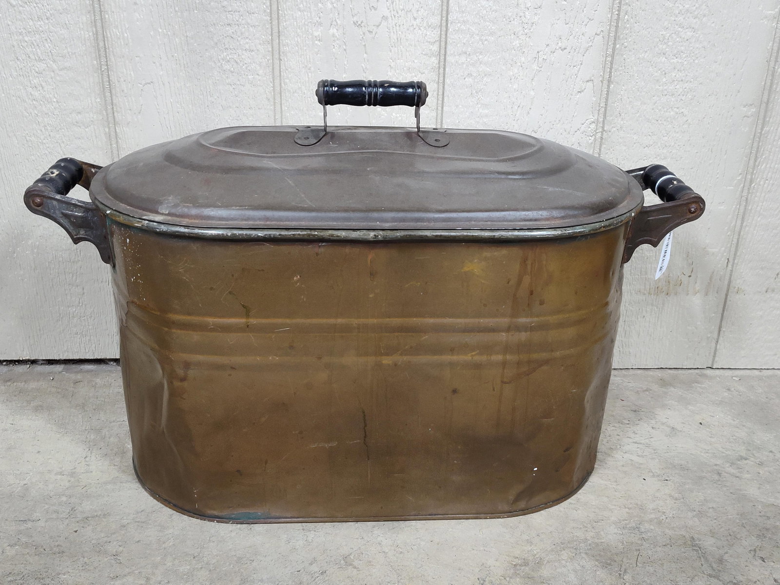 Antique Copper Boiler w/ Wood Handles and Tin lid: Great overall condition showing minor areas of denting throughout due to age and usage 