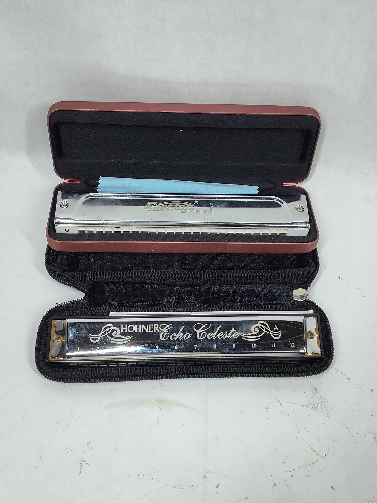 East Top 24 Hole Tremolo Harmonica w/ Hard Case & Hohner Echo Celeste Tremolo Harmonica w/ Nylon Cas (1 of 7)
