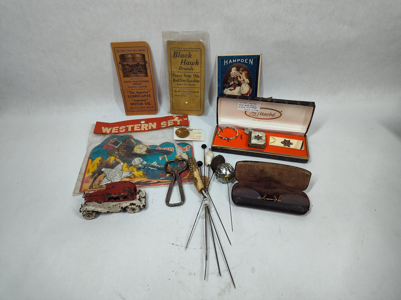 Antique Collectible Lot Inc. Early Hat Pins, Cast Car, Pince Nes Glasses, NOS Western Set & Gas/Oil (1 of 17)