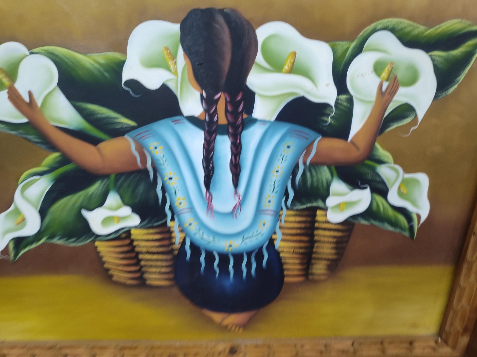Original Artist Signed Vendedora De Alcatraces Hand Painted Oil on Canvas in Carved Frame: Original vibrant fine art painting in great hand carved frame measuring 31 x 39.5 beatiful color and contrast