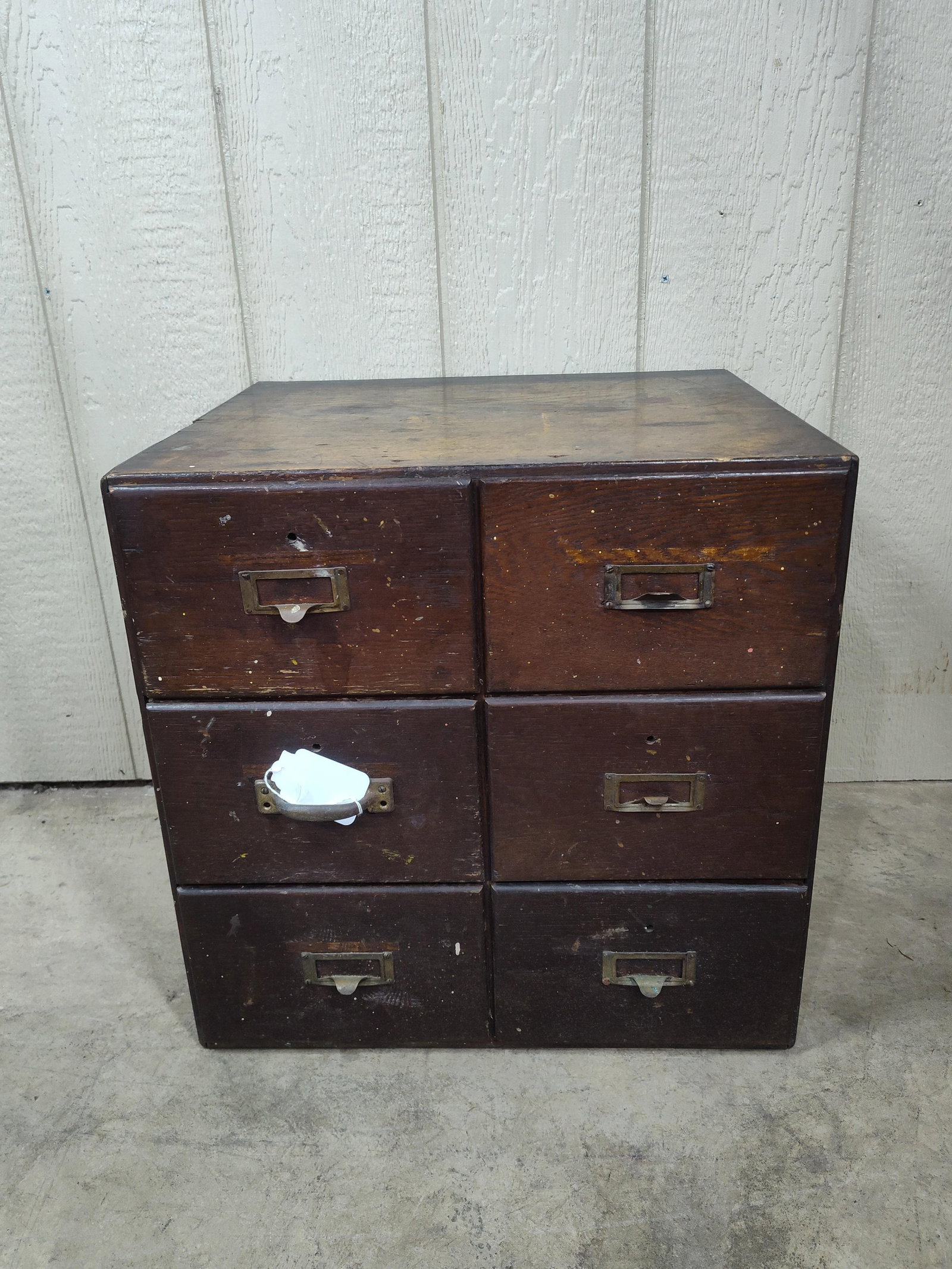 6 Drawer Card Catalog: One miss matched handle. Each drawer measures 8x3.5. Entire measurements are 19.5x16x19.5. Minor scuffs to top and sides.