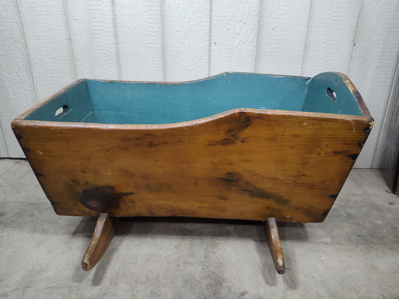 Large Primitive Wood Rocking Baby Cradle: Good overall condition showing wear due to age and usage 30 in W and 36 in L 