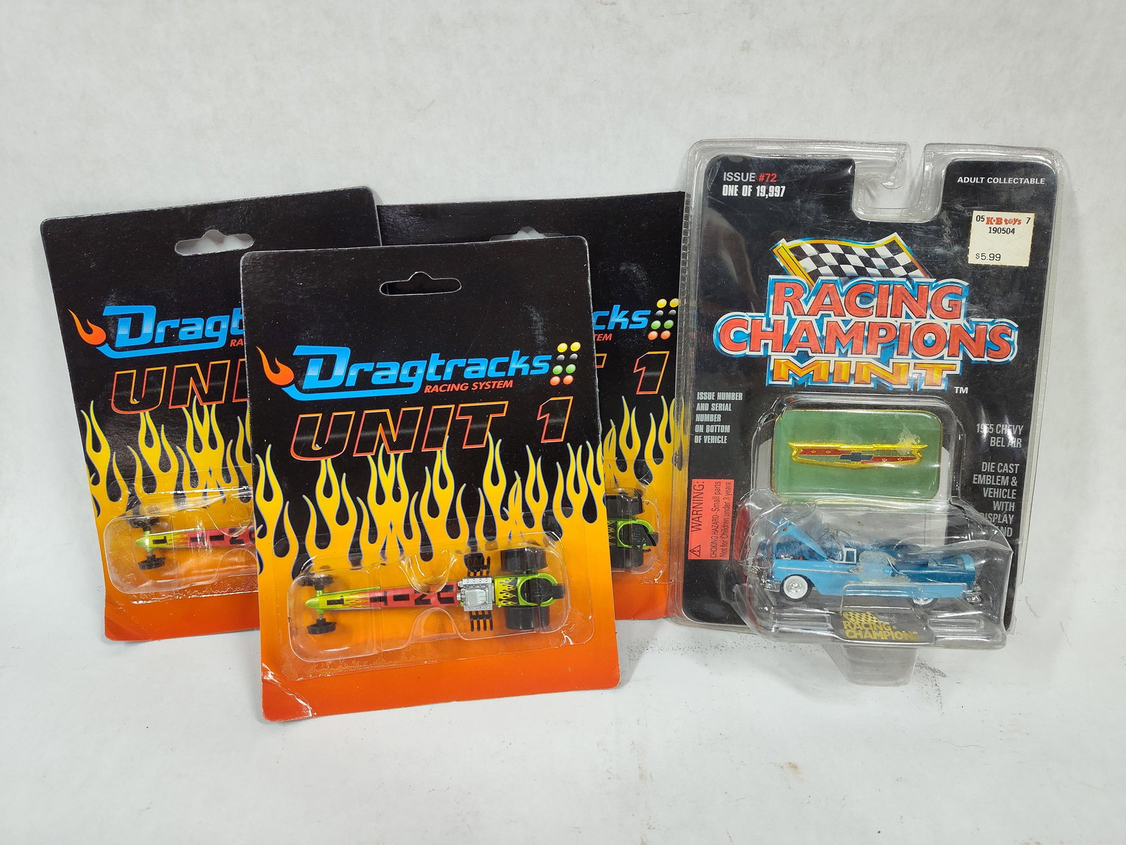 Drag Cars and Chevy Bel Air Die Cast Cars: 4, in original packing. 