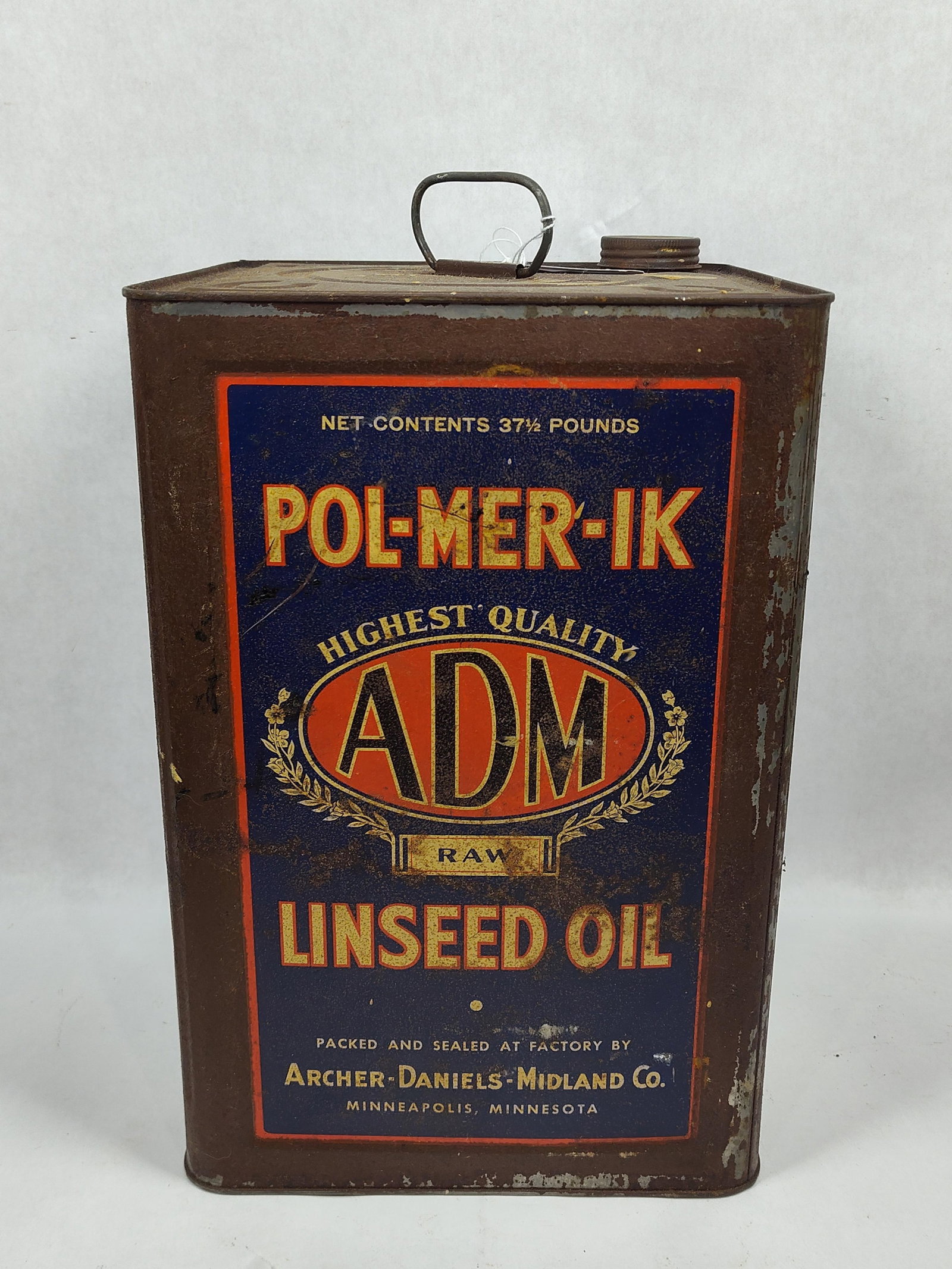 Archer Daniels Midland Co. Pol-Mer-Ik Raw Linseed Oil 37.5 lb Can: This great early can shows wear due to age but includes original handle and cap showing great color and graphics 