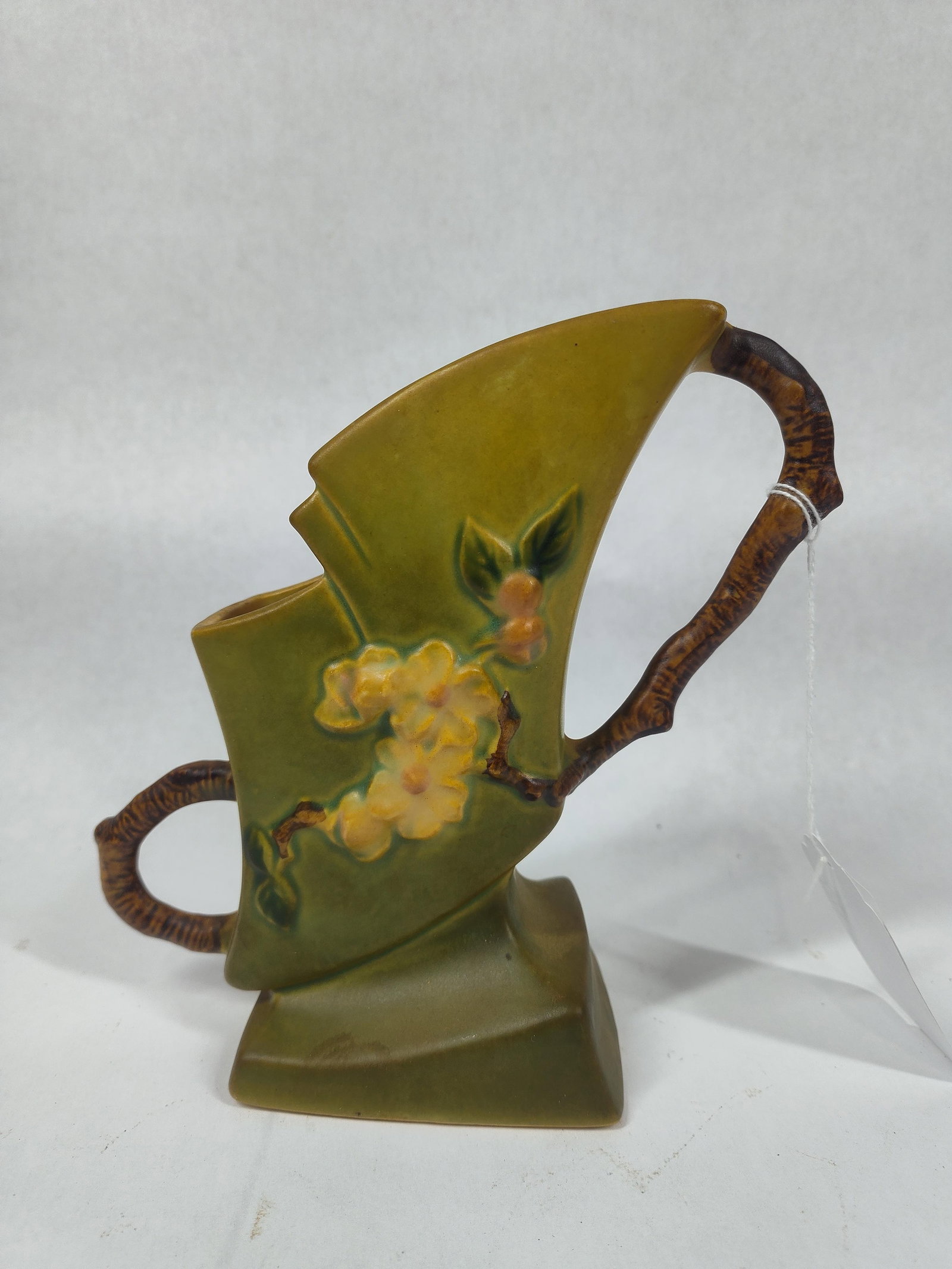 Early 1940's Roseville Pottery Apple Blossom Green Double Handled Vase: Good early condition with no chips cracks or breaks standing 7.5 in H 
