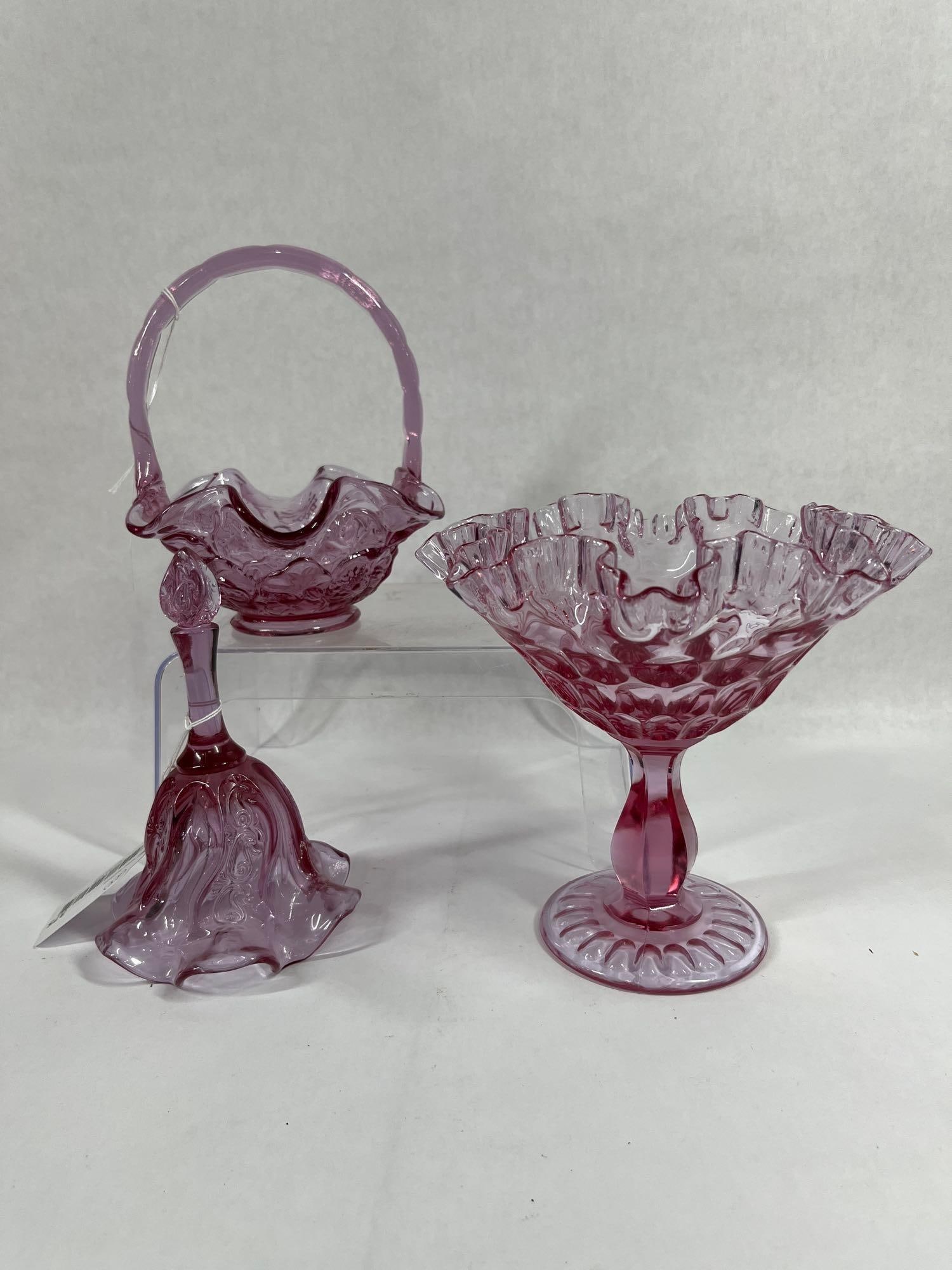 Colonial Pink Fenton Glassware: Three wonderful glass pieces including thumbprint compote, bell, and floral pressed pattern basket. All are in great condition. 
