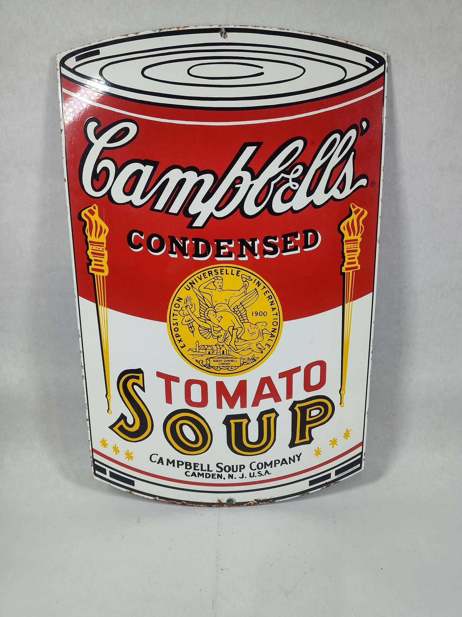 VTG Style Campbell's Soup Laser Cut Single Sided Porcelain Advertising Sign: Showing minor areas of porcelain loss to edges measuring 14 x 22.5