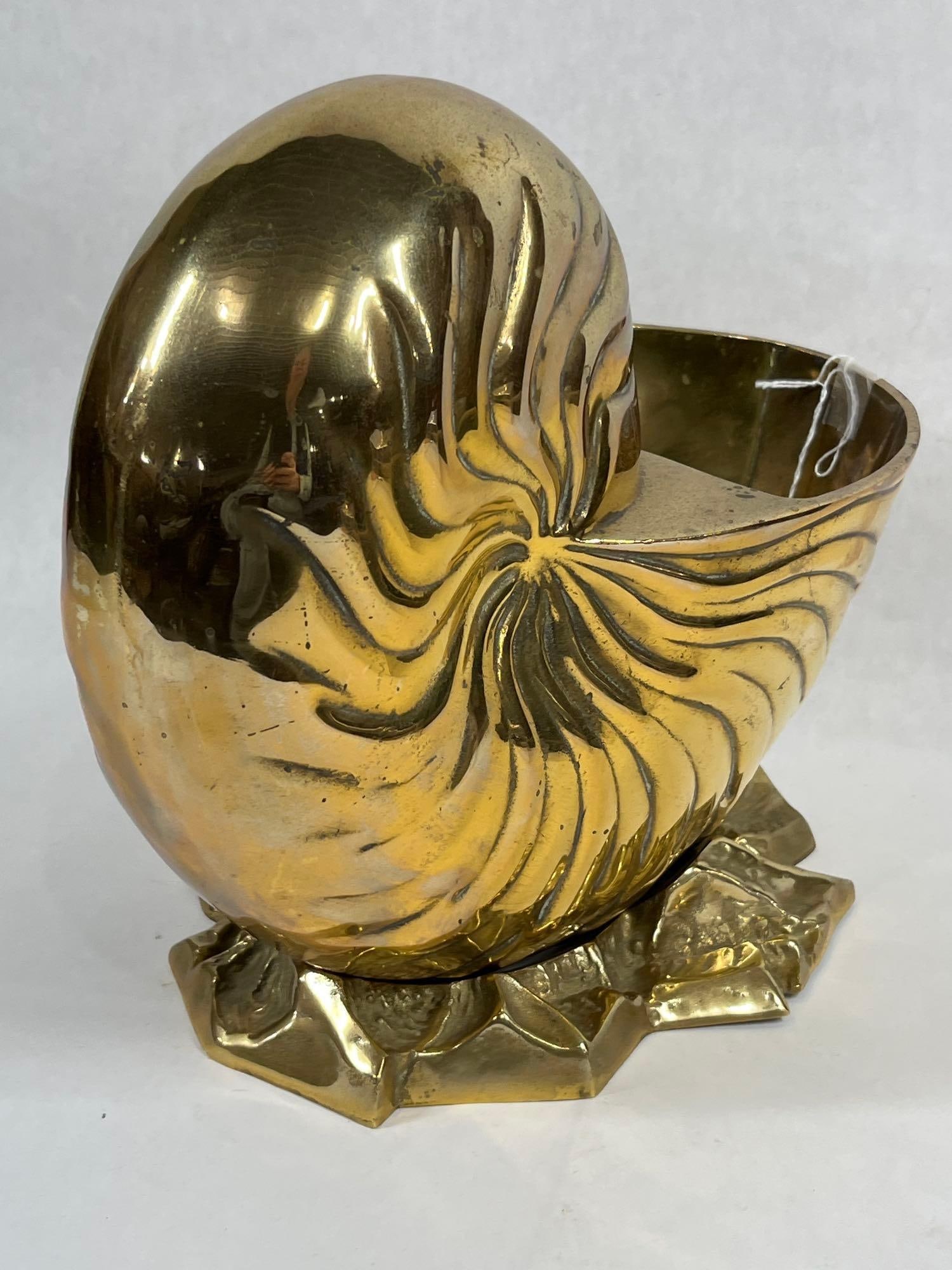 1980s Solid Brass Nautilus Shell Planter - 2
