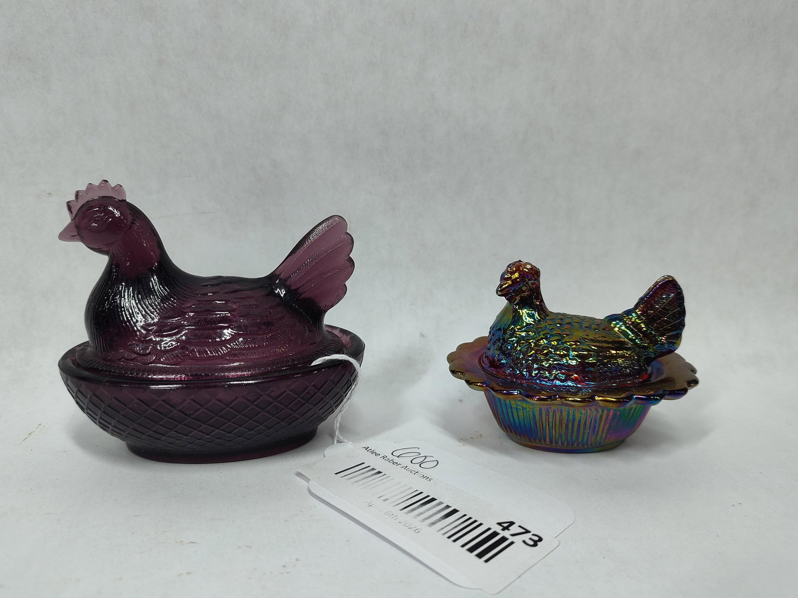 Miniature Hen on Nests: Purple amethyst and iridescent glass. 2.5 and 3 inches. Mosser and Degenhart Glass