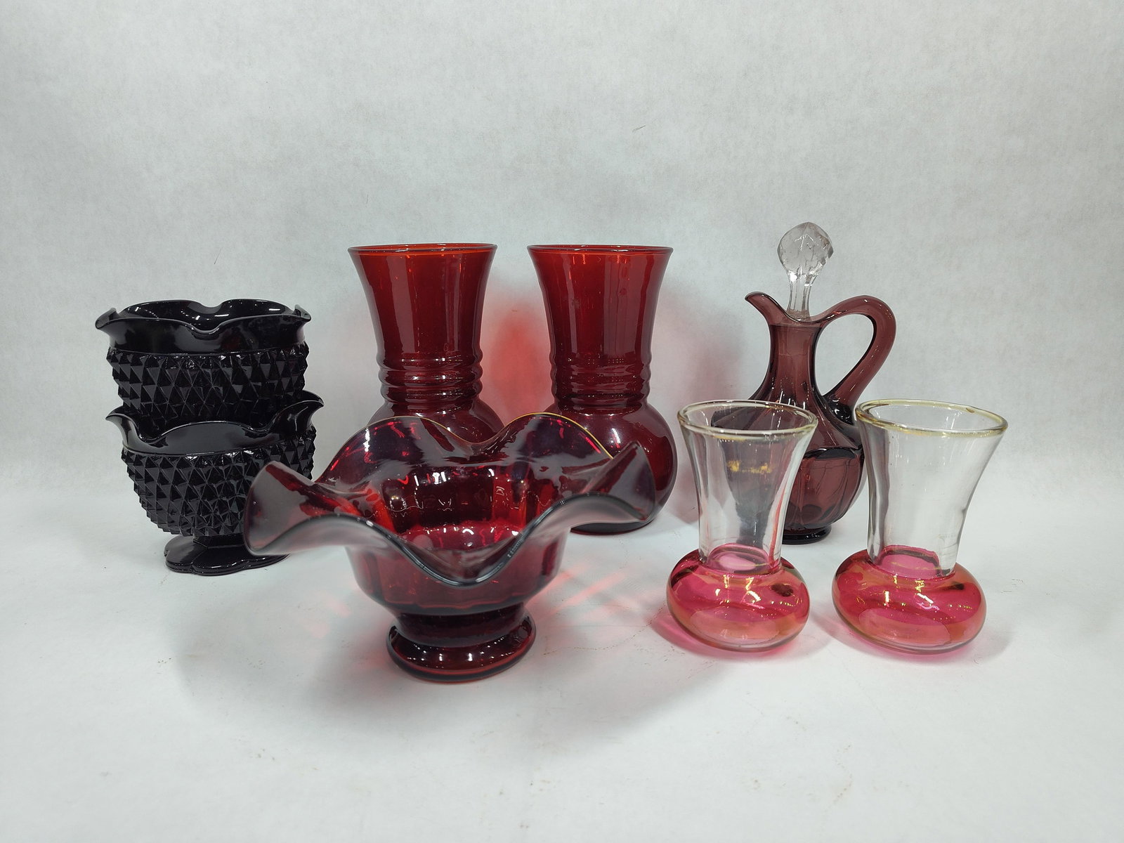 Black Hobnail, Pink, and Ruby Red Glass: Several great pieces including deep black candle holders