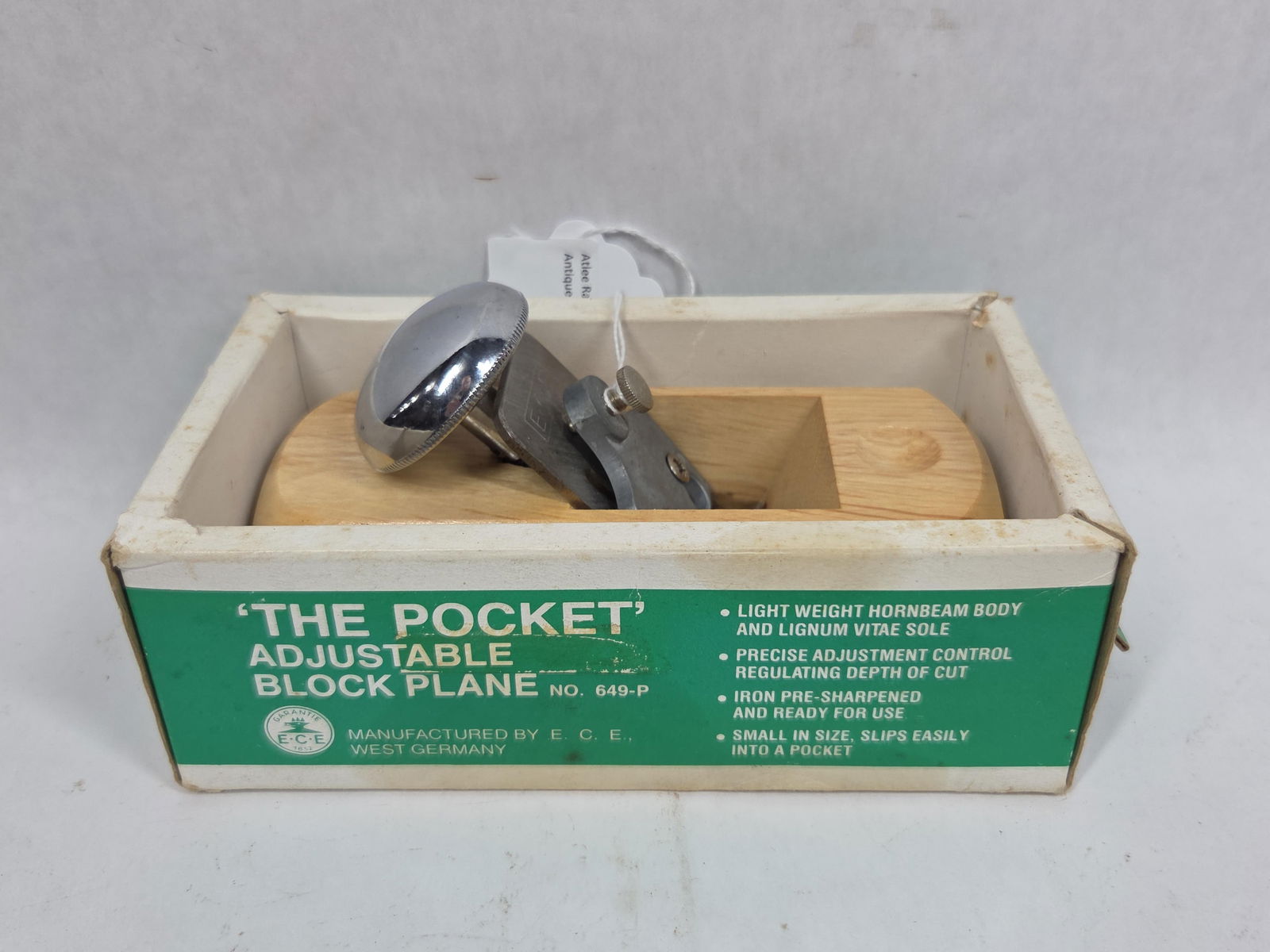 E.C. Emmerich German #649P Adjustable Block Plane: Including box. 6 inches long European beech wood body.