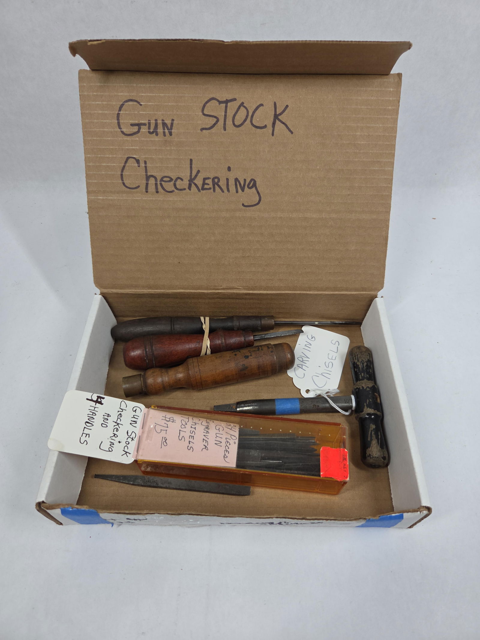 Gun Checkering Chisels: 24 pieces with wooden handles.
