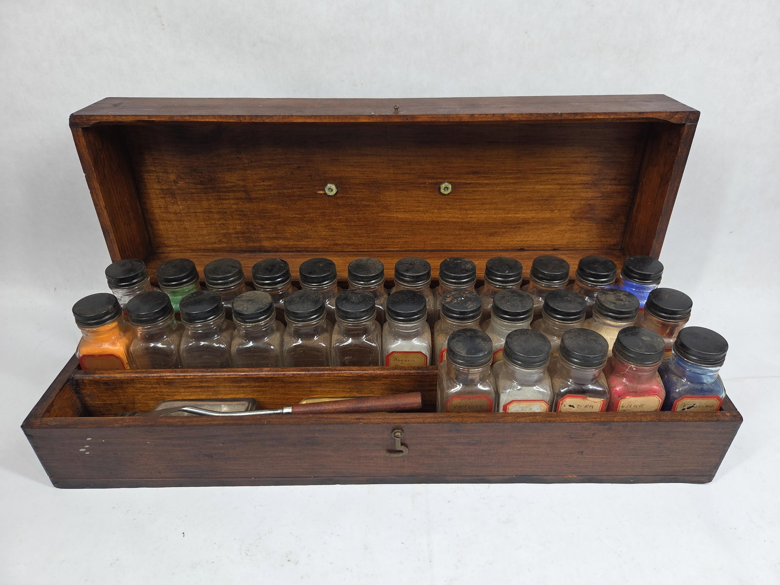 One of a Kind 100 yr old Furniture Touch Up kit: Includes wood case full of 31 jars of wood dye and spatula. Box is 18.5x5x6