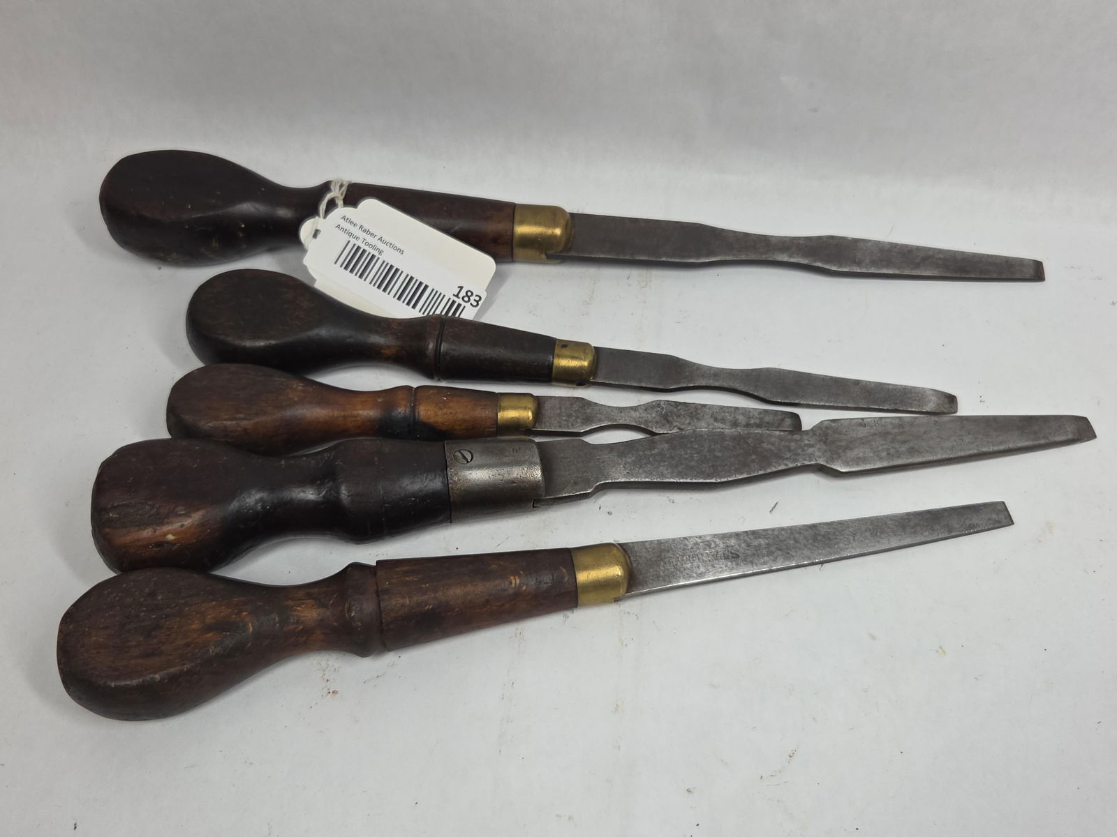 Lot of 5 Wood Handled and Brass Screwdrivers: Old forged steel.