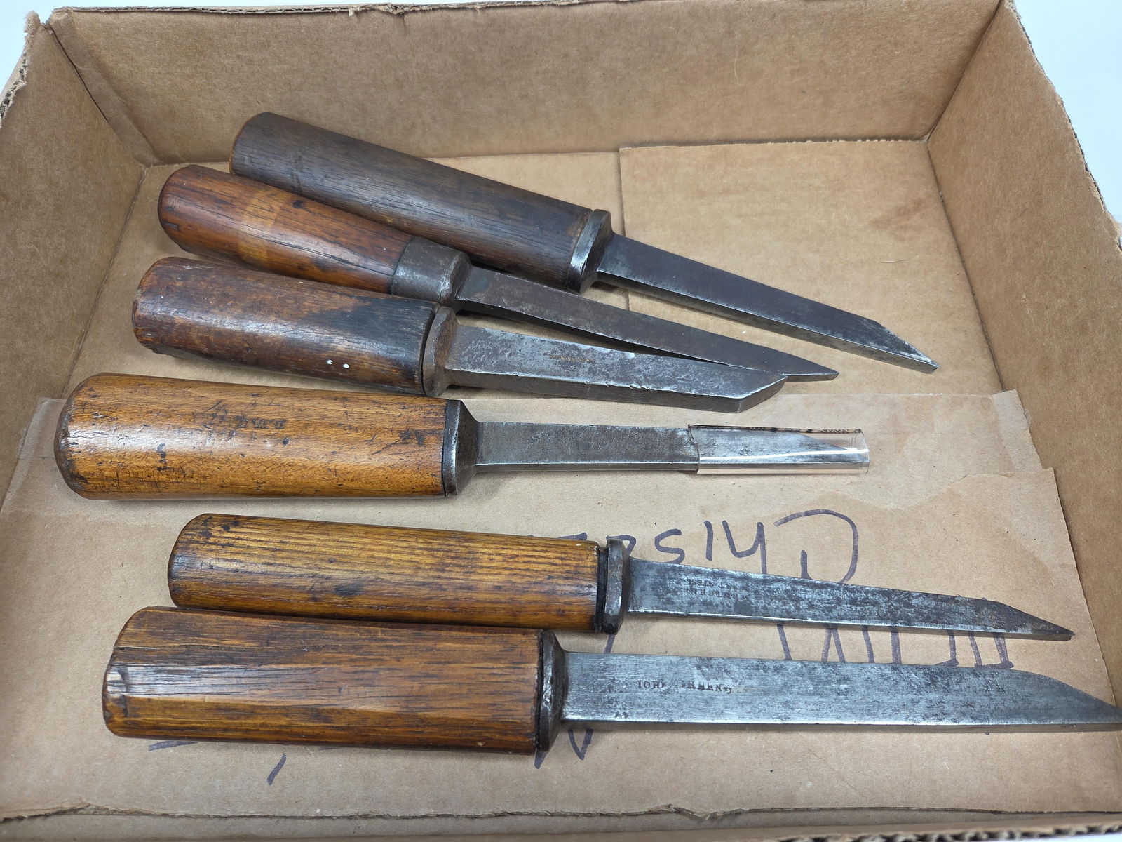 Heavy Mortice Chisels: Lot of 6, John Green, W. Butcher, MH Bobby, and more. Cast steel blades with wood handle. Each approx 10.5 to 11 inches long